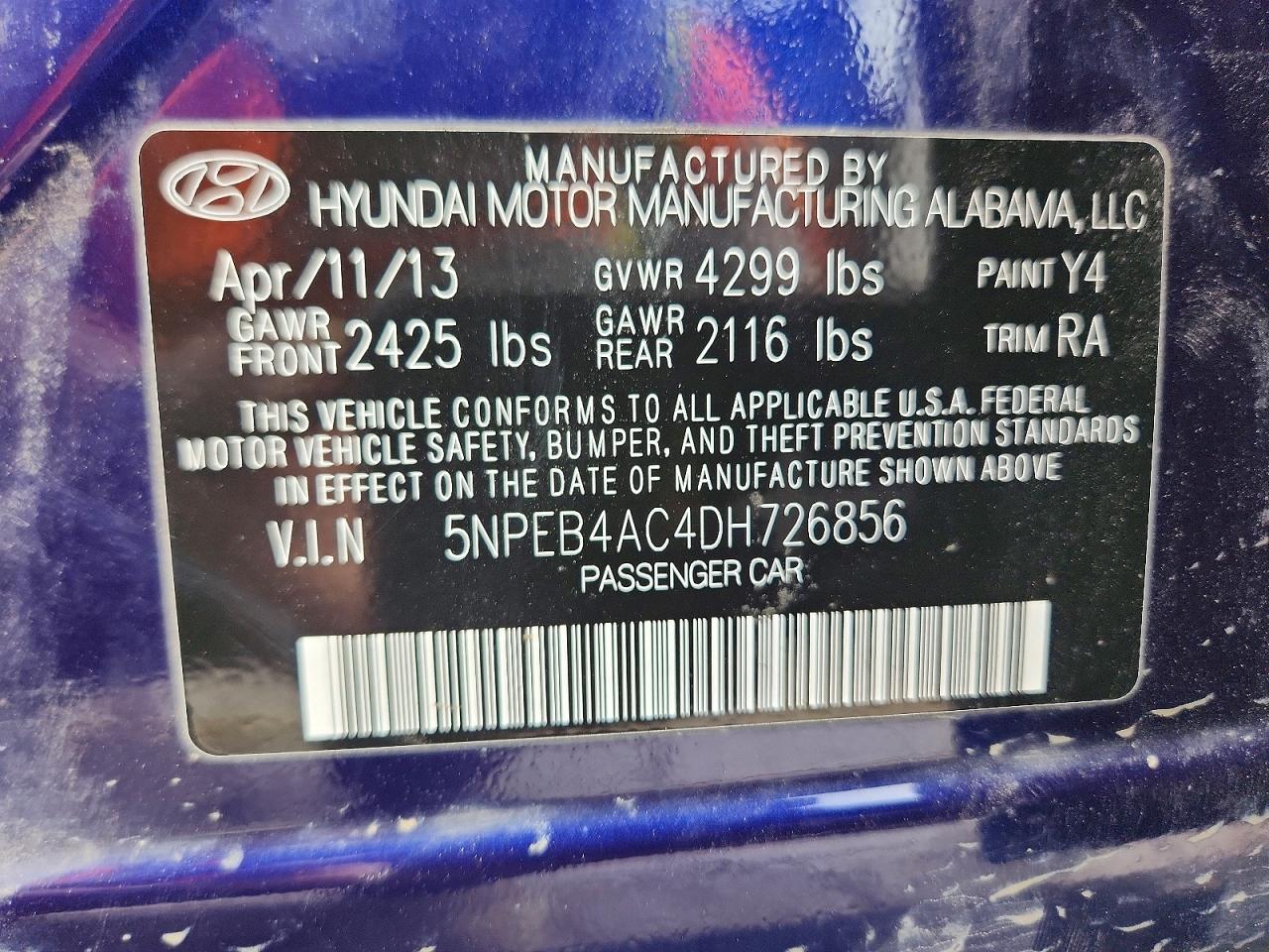 2013 Hyundai Sonata Gls Blue vin: 5NPEB4AC4DH726856