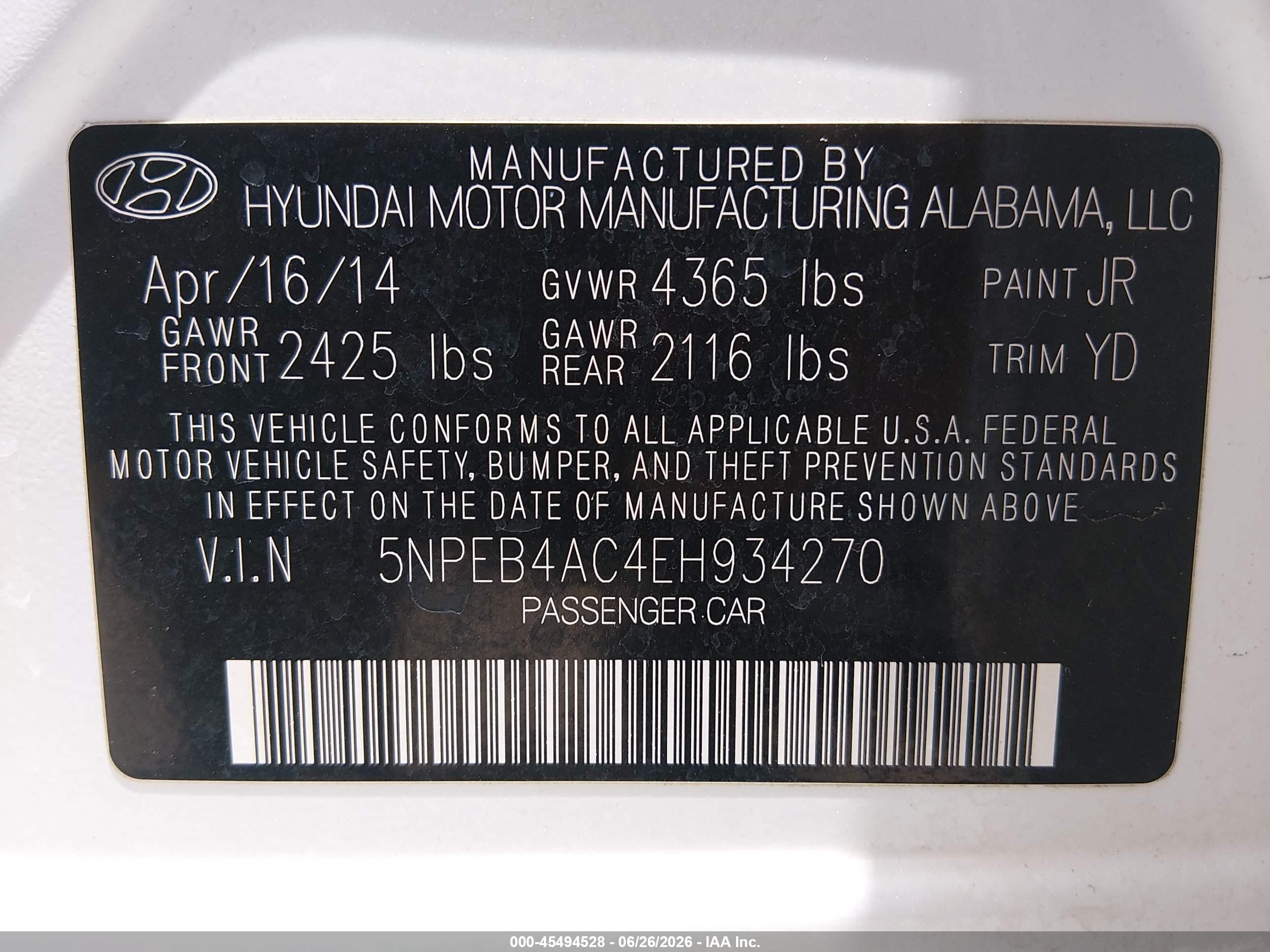 2014 Hyundai Sonata Gls vin: 5NPEB4AC4EH934270