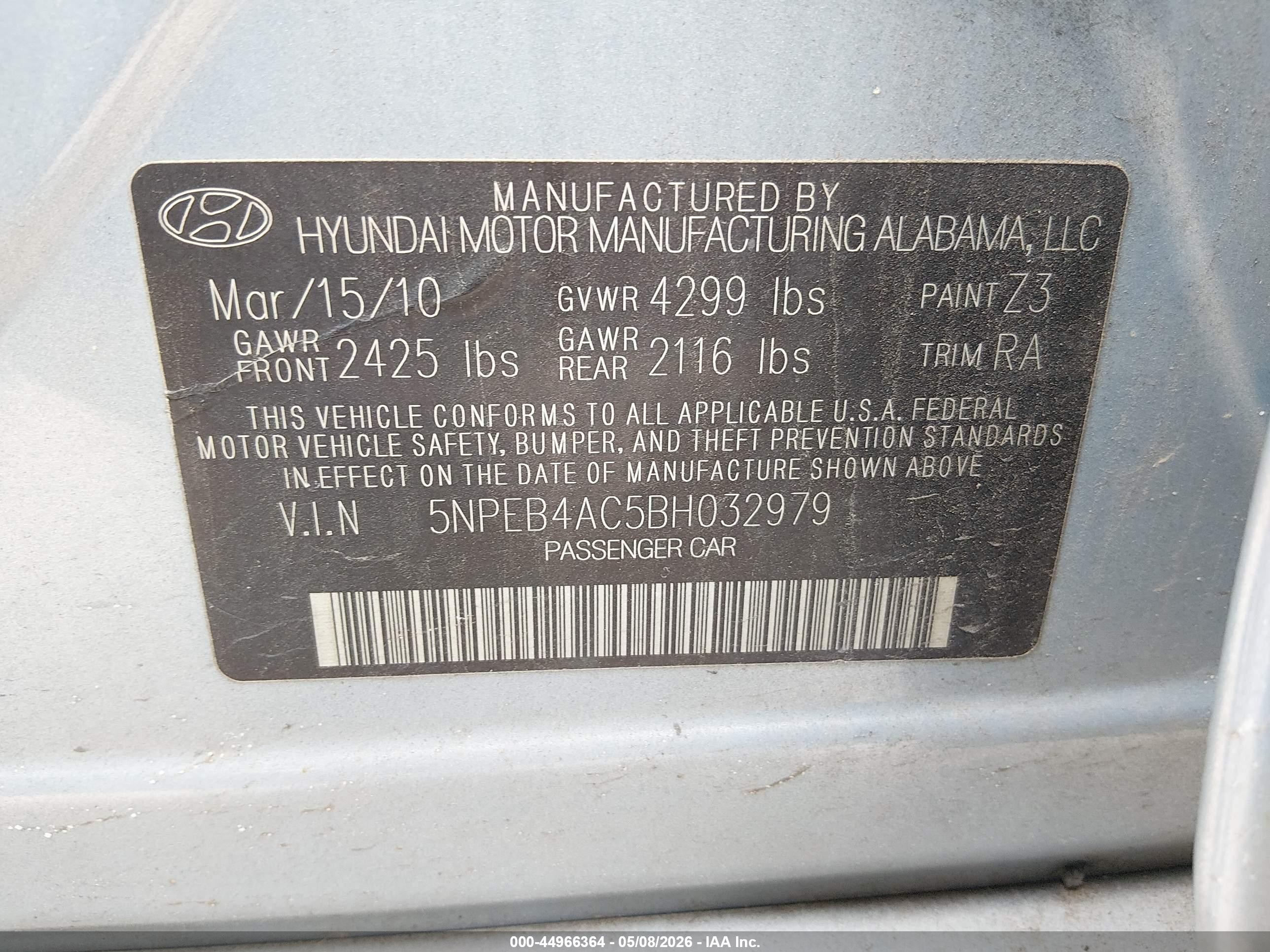 2011 Hyundai Sonata Gls Blue vin: 5NPEB4AC5BH032979