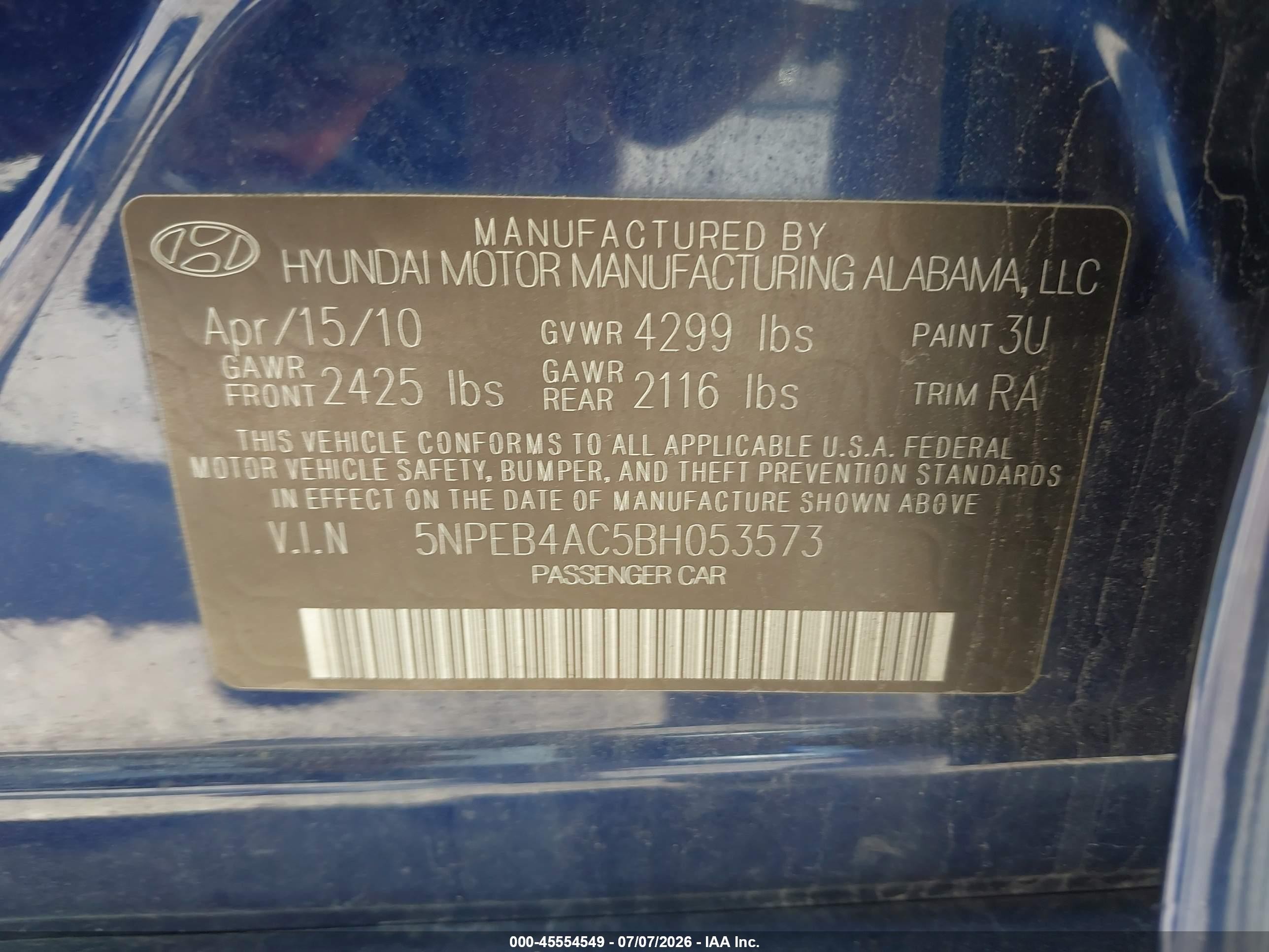 2011 Hyundai Sonata Gls Blue vin: 5NPEB4AC5BH053573