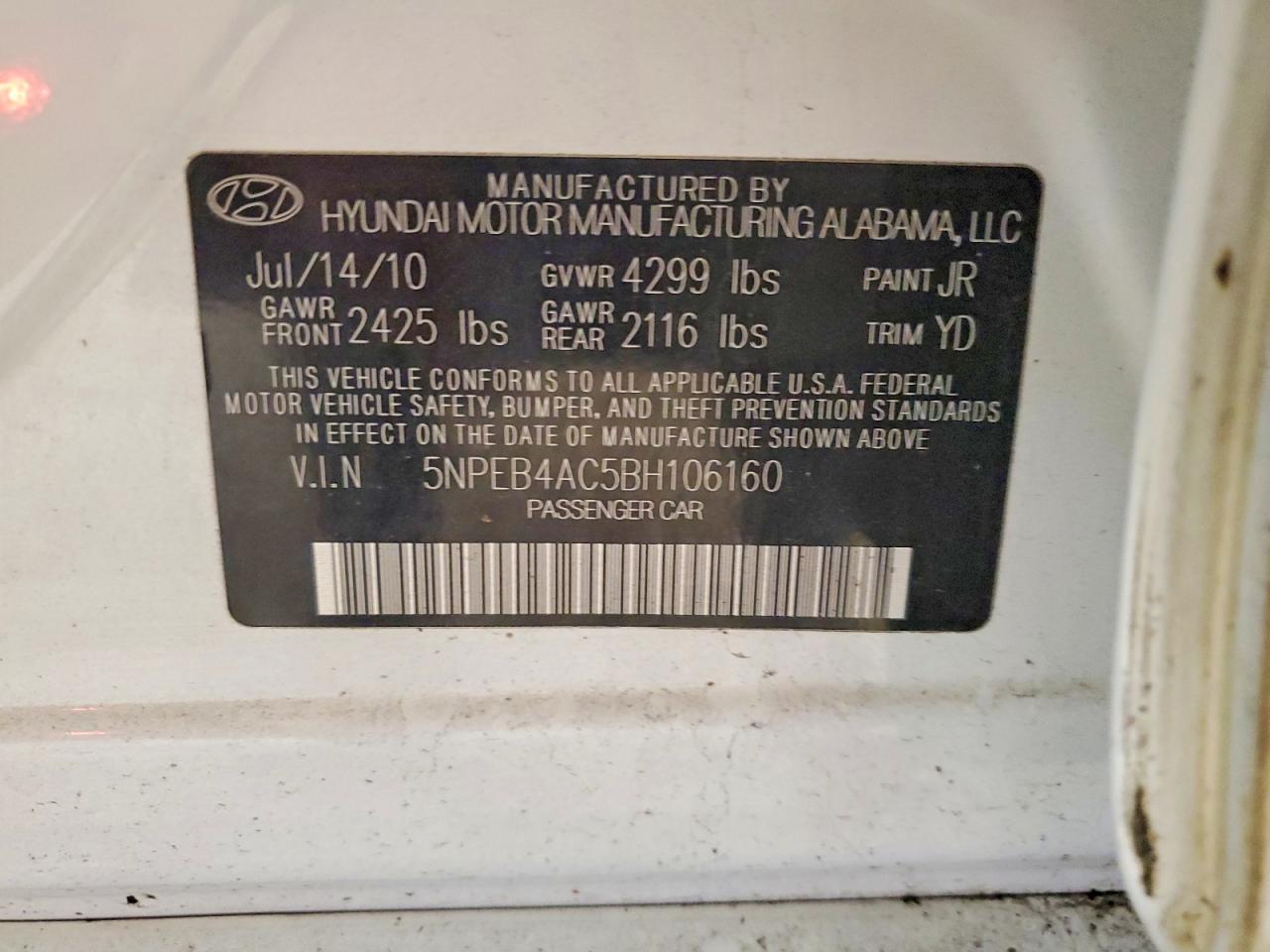 2011 Hyundai Sonata Gls White vin: 5NPEB4AC5BH106160