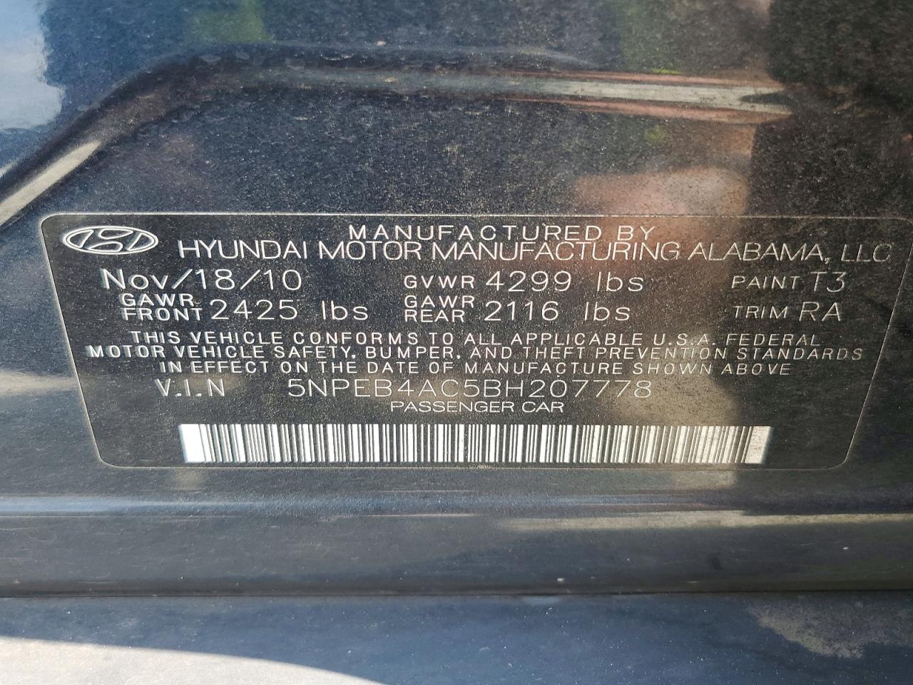 2011 Hyundai Sonata Blue vin: 5NPEB4AC5BH207778