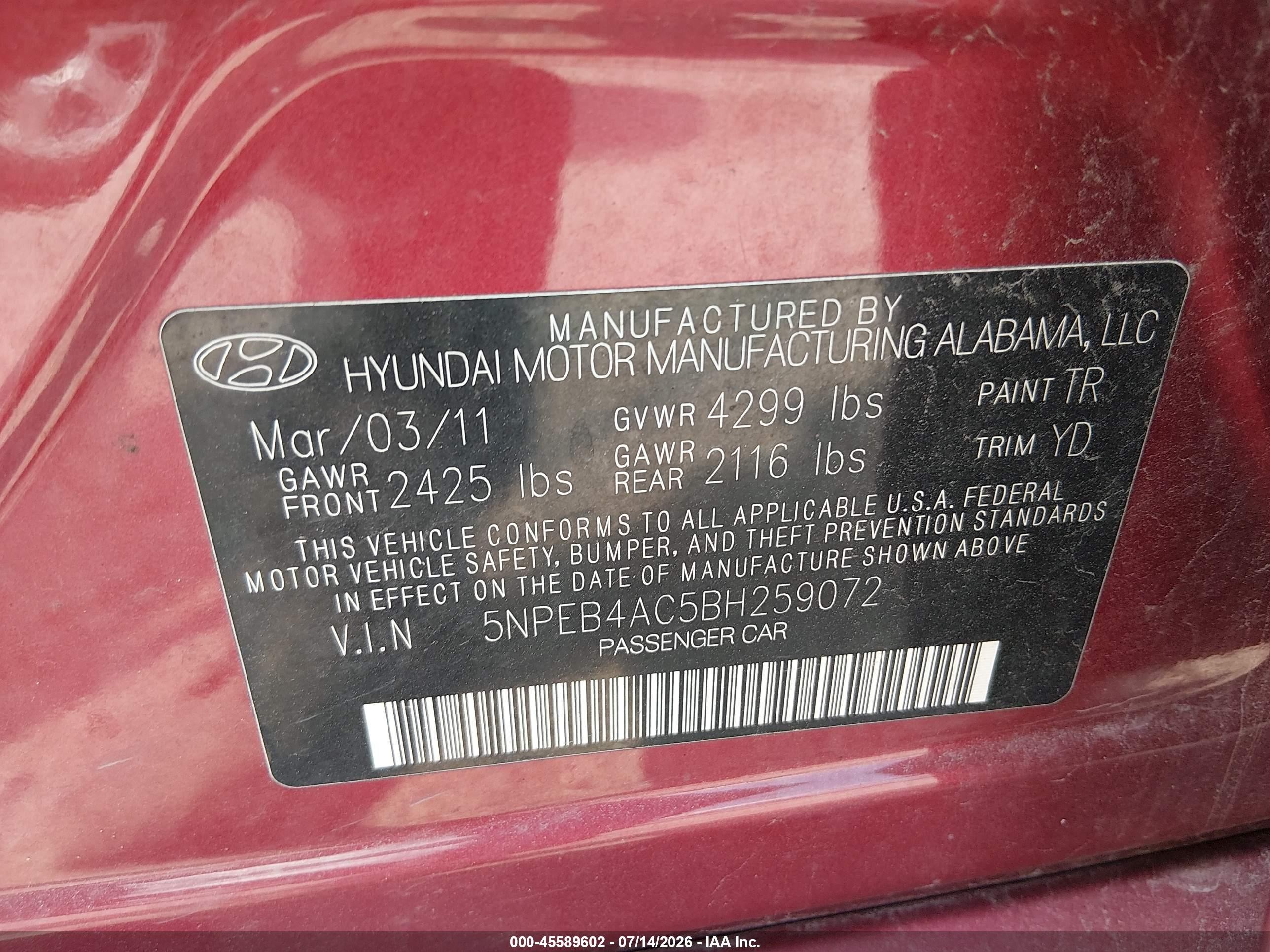 2011 Hyundai Sonata Gls Red vin: 5NPEB4AC5BH259072