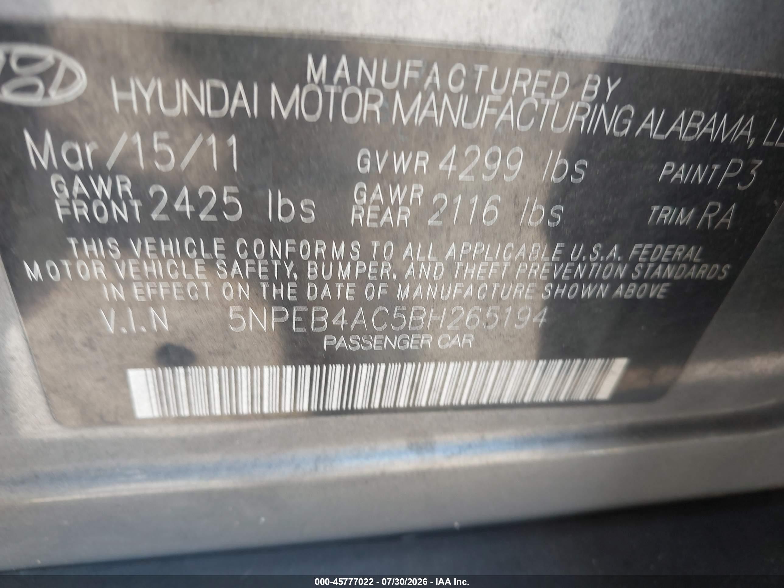 2011 Hyundai Sonata Gls Gray vin: 5NPEB4AC5BH265194