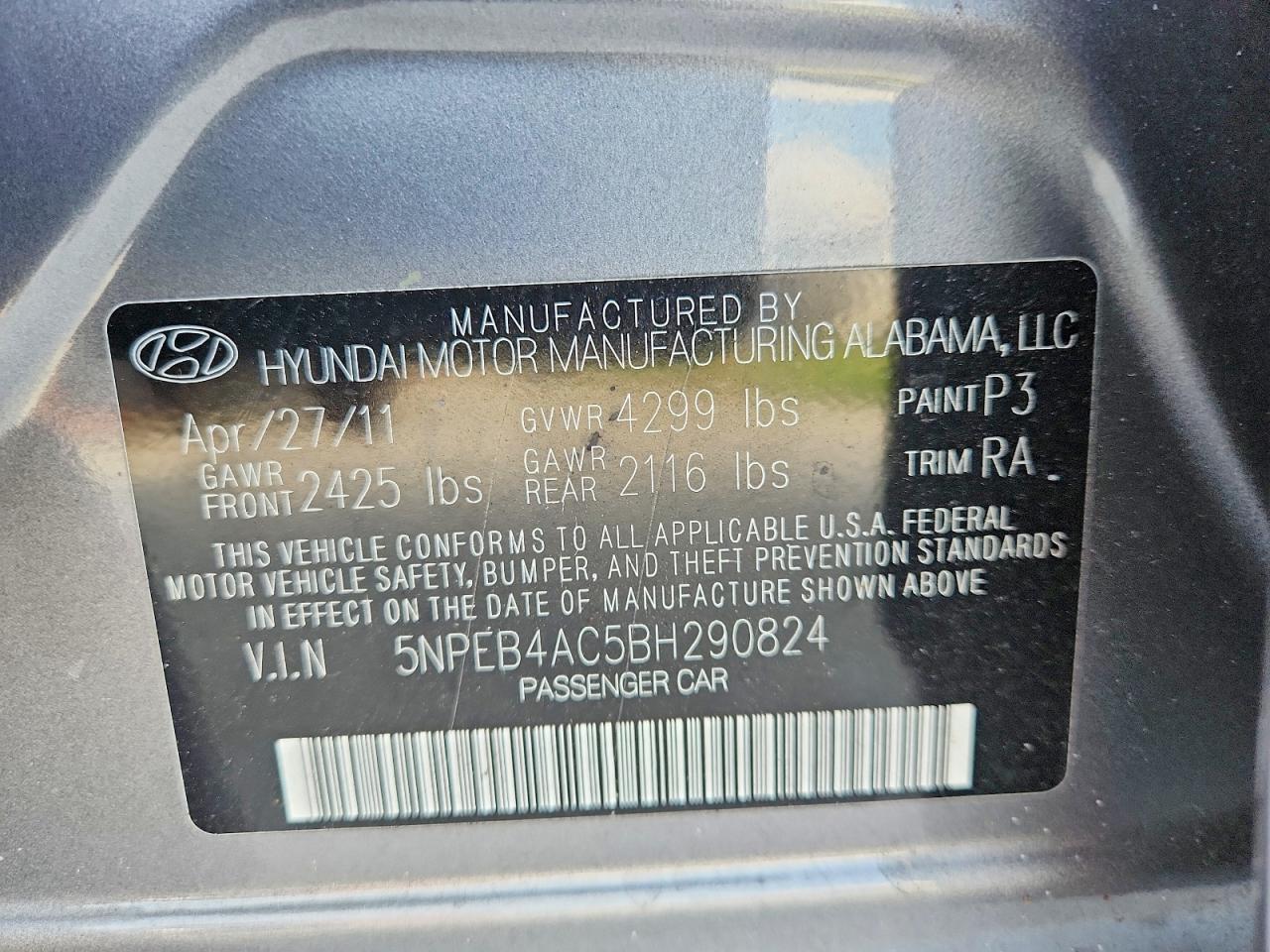 2011 Hyundai Sonata Gls Gray vin: 5NPEB4AC5BH290824