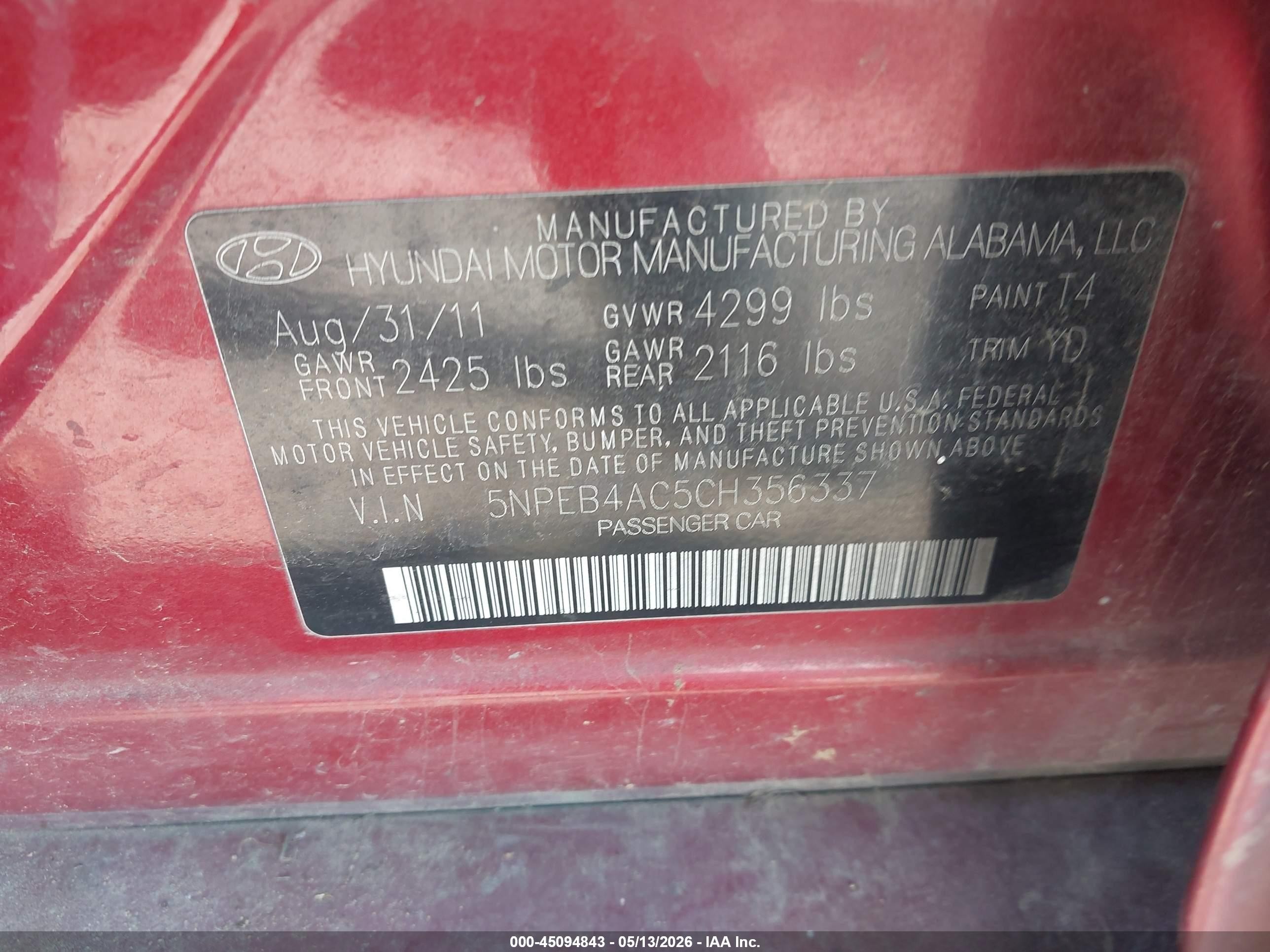 2012 Hyundai Sonata Gls Red vin: 5NPEB4AC5CH356337