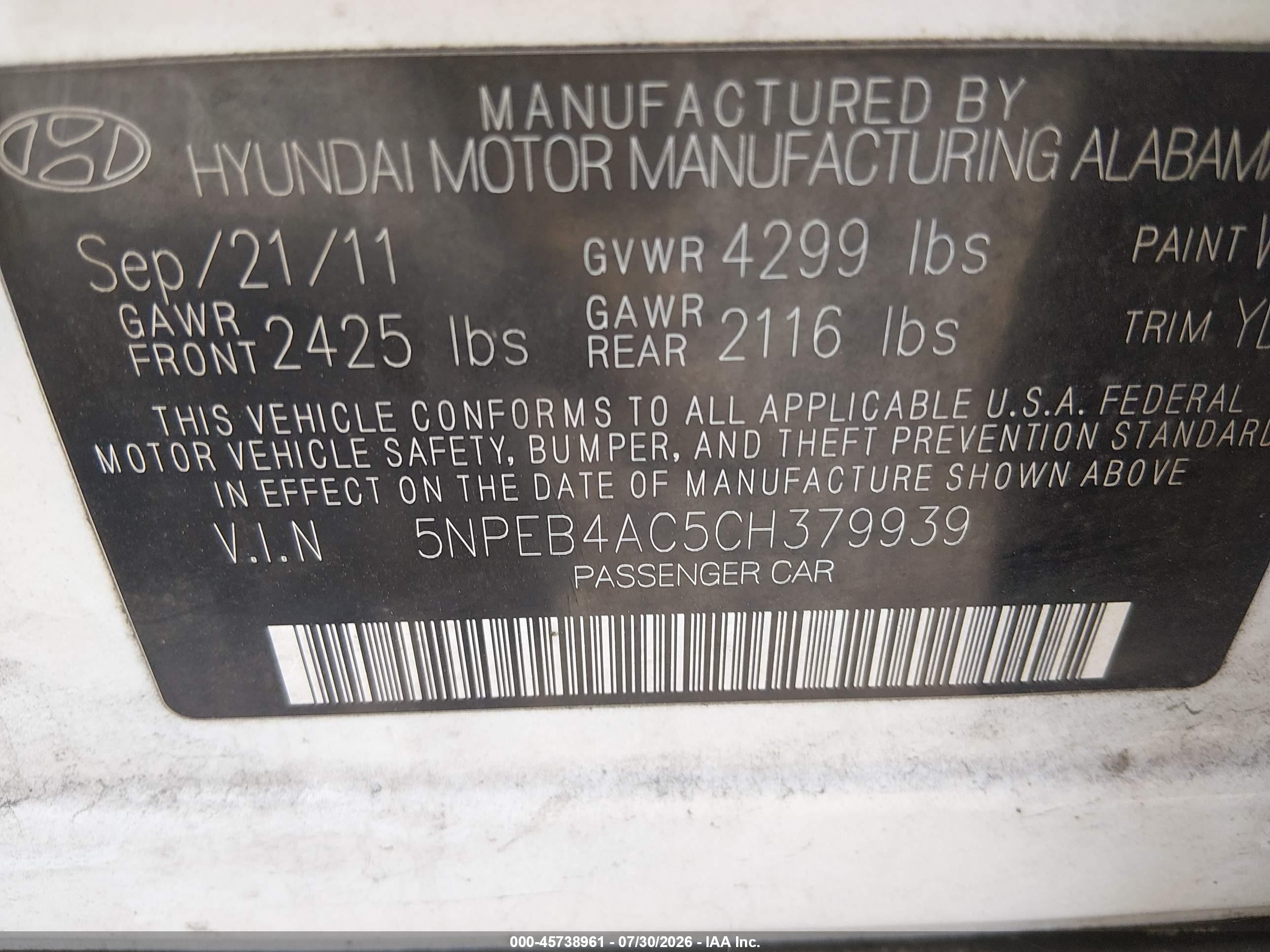 2012 Hyundai Sonata Gls White vin: 5NPEB4AC5CH379939