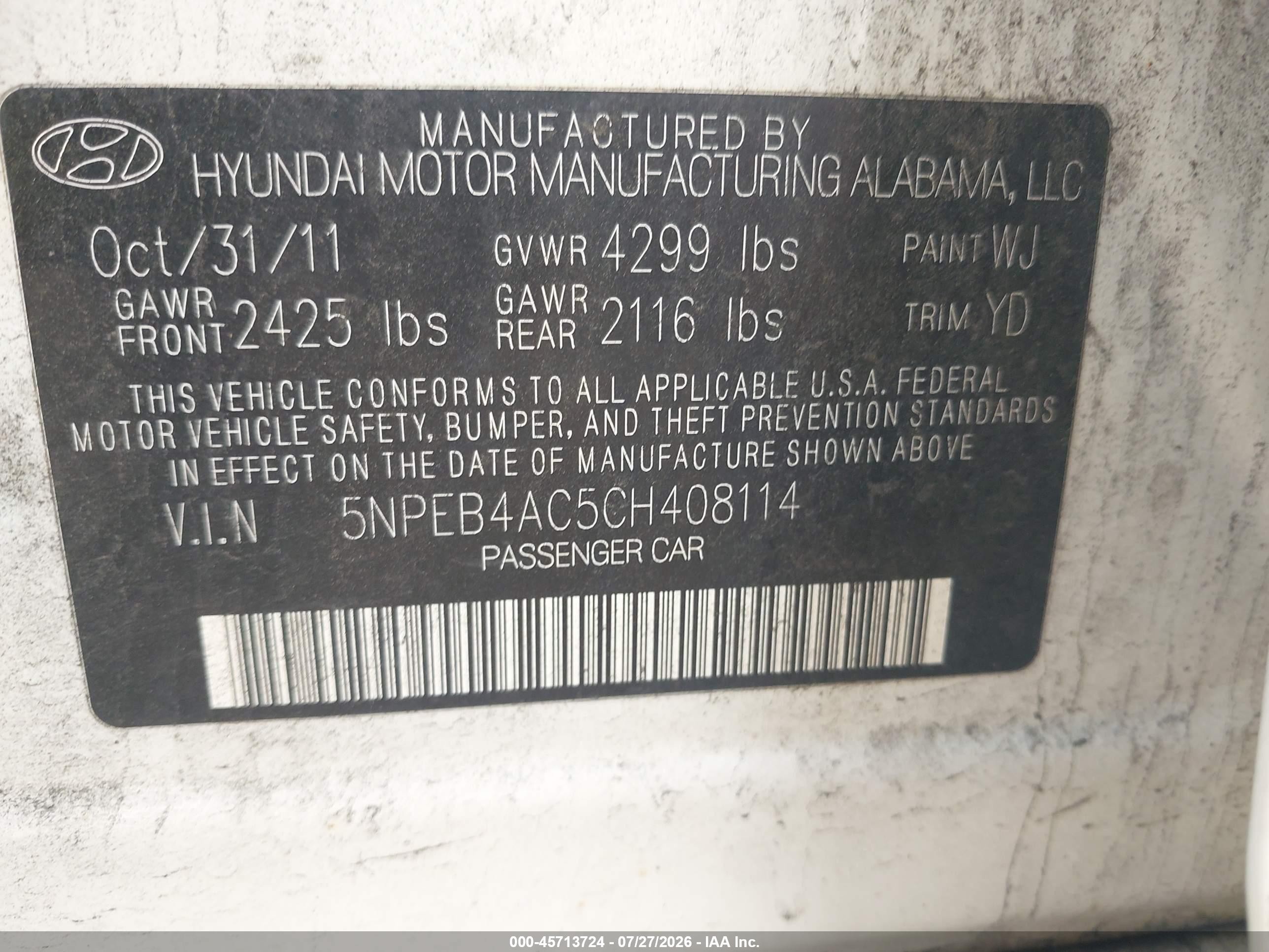2012 Hyundai Sonata Gls White vin: 5NPEB4AC5CH408114