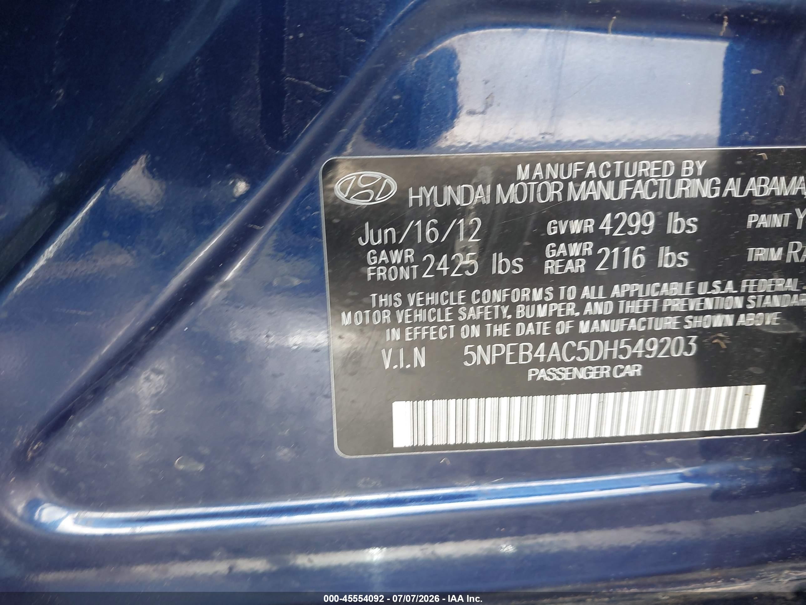 2013 Hyundai Sonata Gls Blue vin: 5NPEB4AC5DH549203