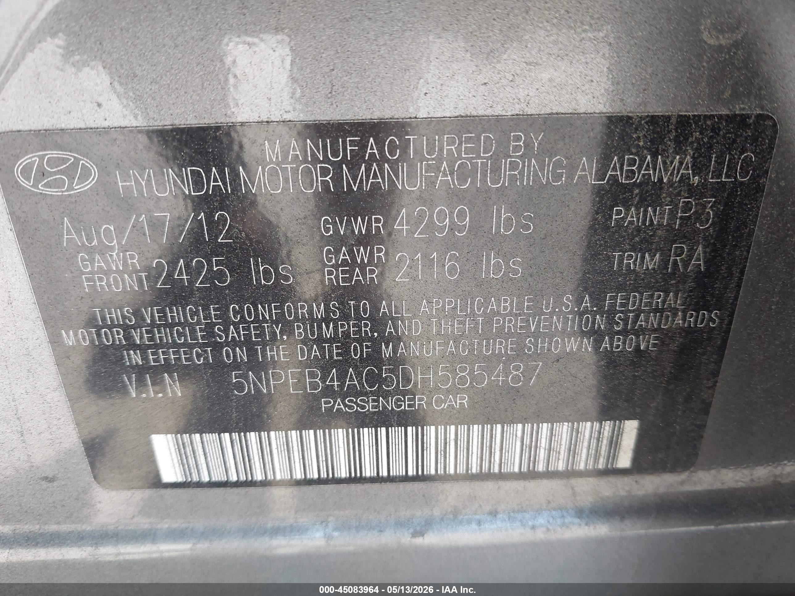 2013 Hyundai Sonata Gls Gray vin: 5NPEB4AC5DH585487