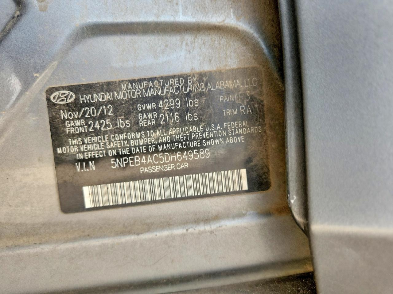 2013 Hyundai Sonata Gls Gray vin: 5NPEB4AC5DH649589
