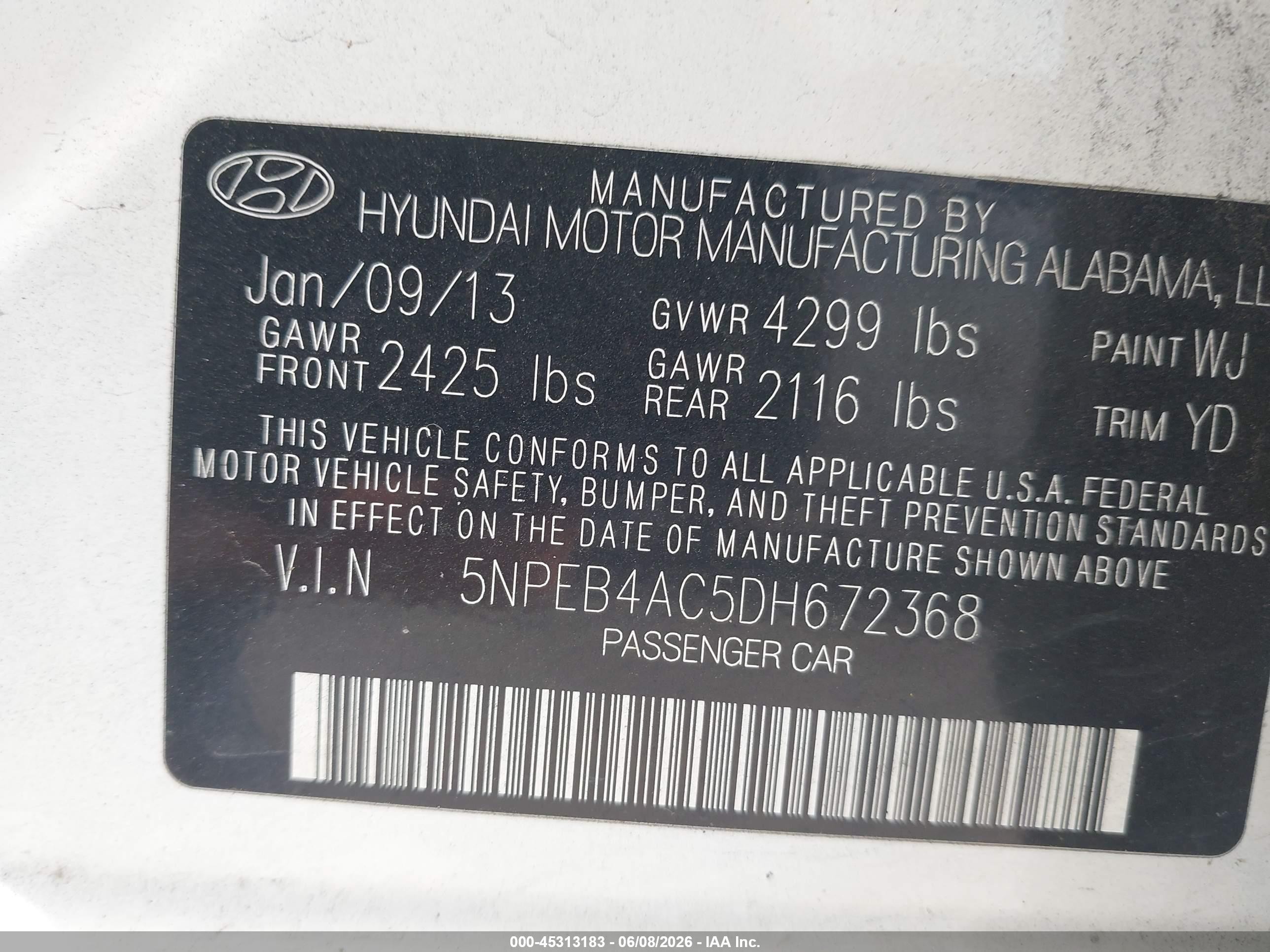2013 Hyundai Sonata Gls White vin: 5NPEB4AC5DH672368