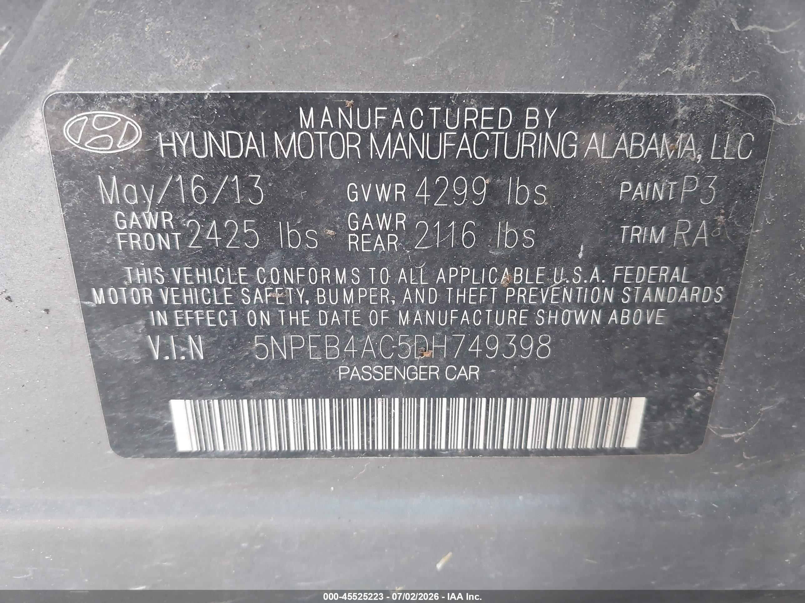 2013 Hyundai Sonata Gls Gray vin: 5NPEB4AC5DH749398