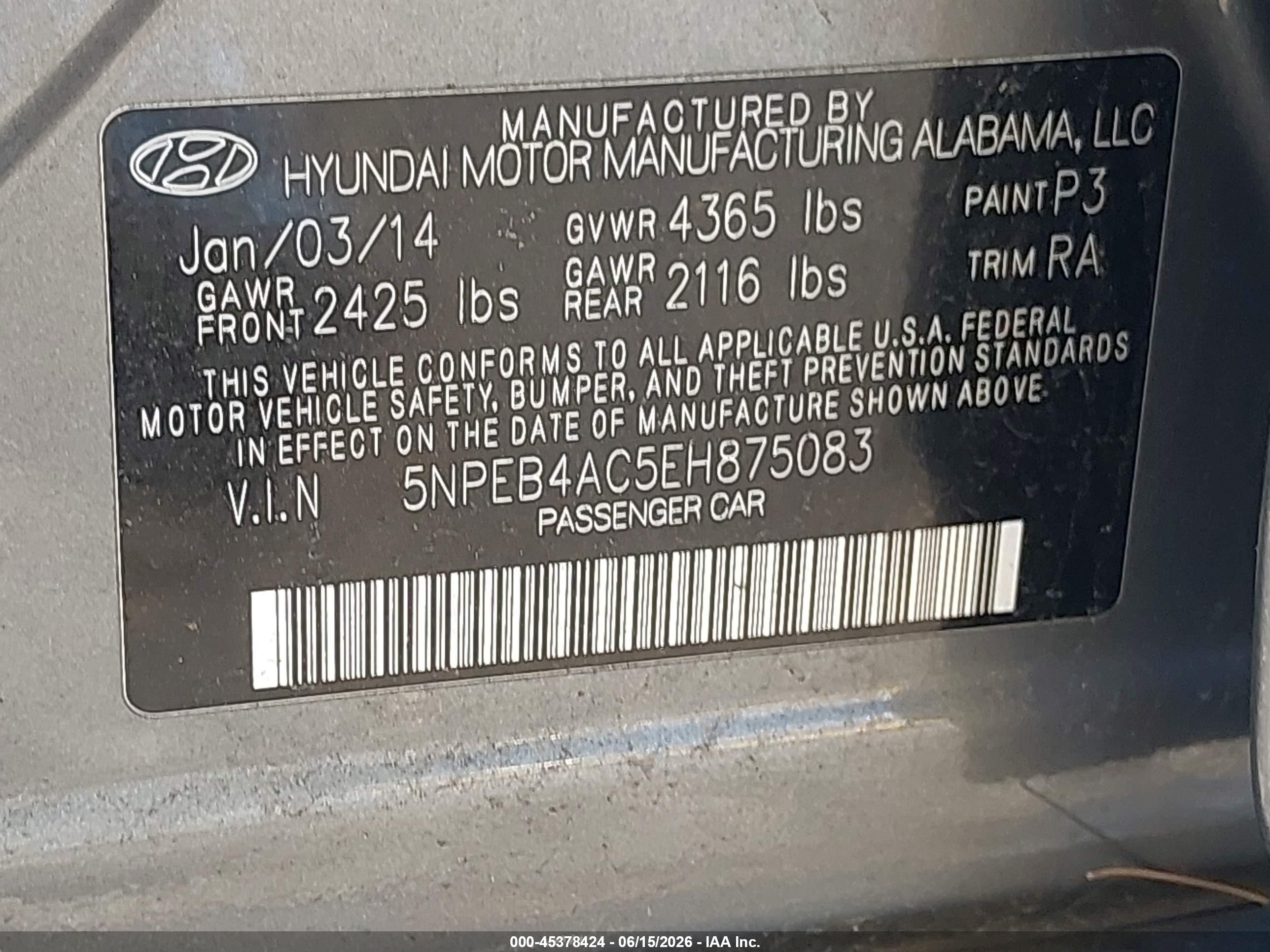 2014 Hyundai Sonata Gls Gray vin: 5NPEB4AC5EH875083