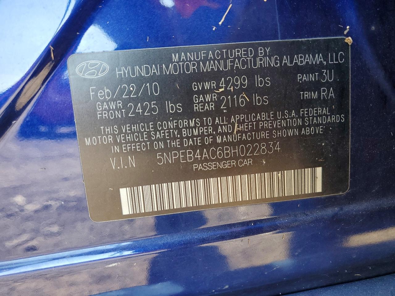 2011 Hyundai Sonata Gls Blue vin: 5NPEB4AC6BH022834