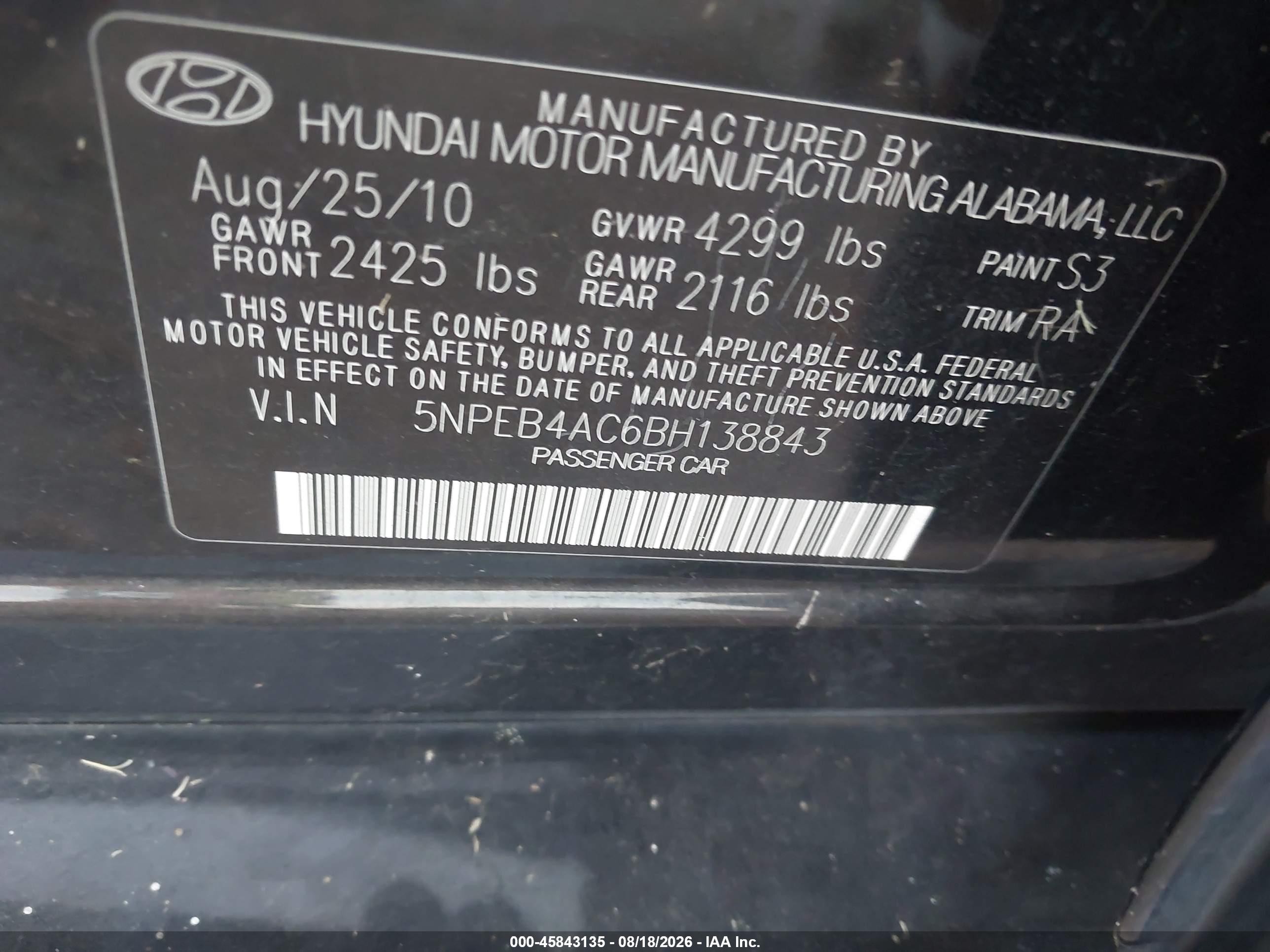 2011 Hyundai Sonata Gls Черный vin: 5NPEB4AC6BH138843