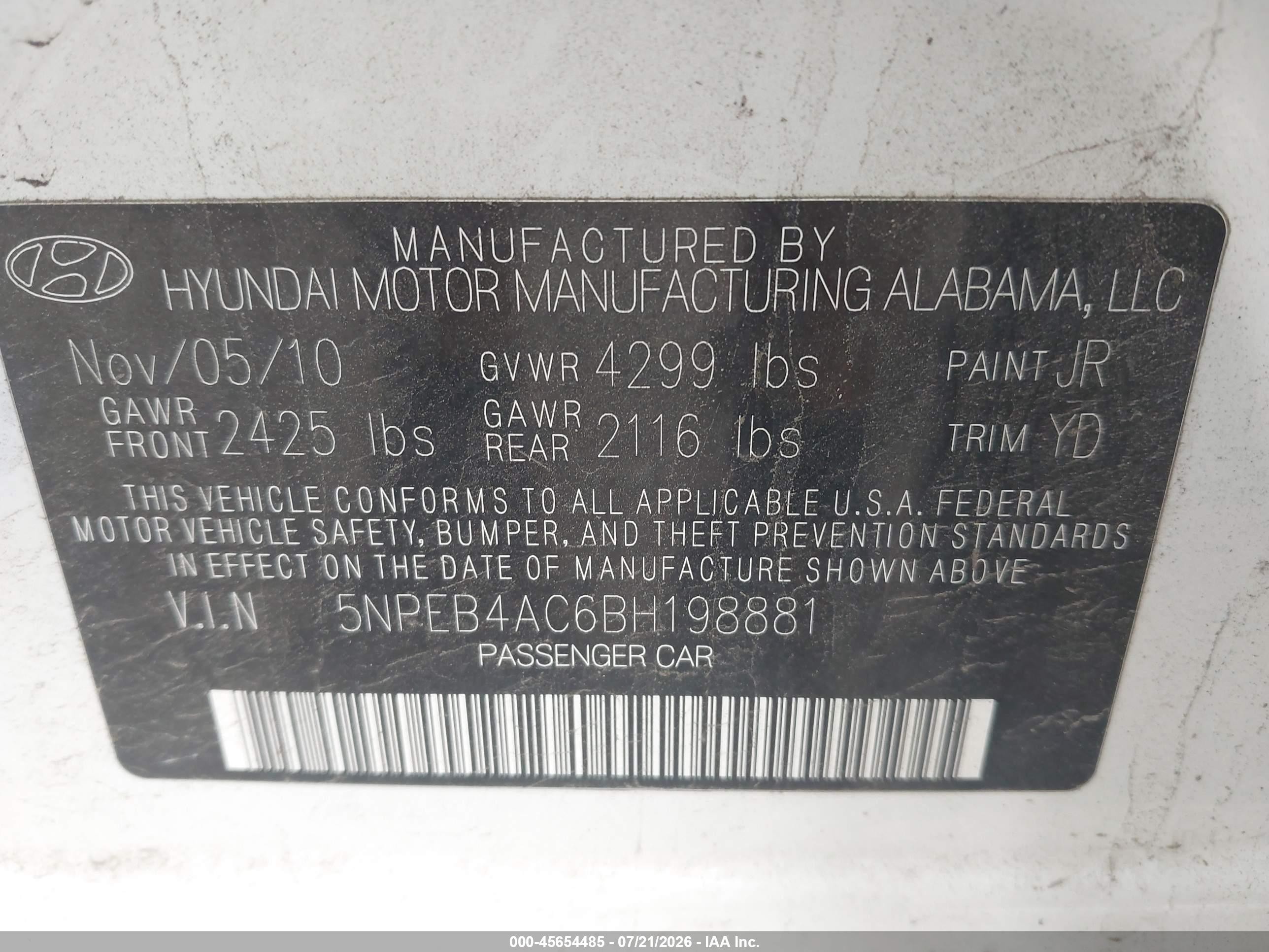 2011 Hyundai Sonata Gls White vin: 5NPEB4AC6BH198881
