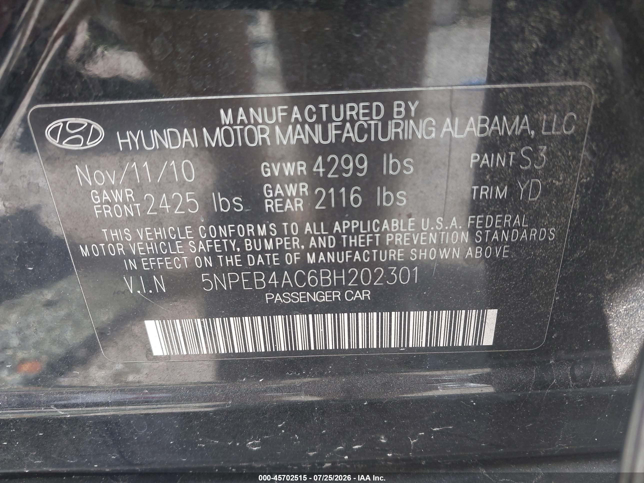 2011 Hyundai Sonata Gls Black vin: 5NPEB4AC6BH202301