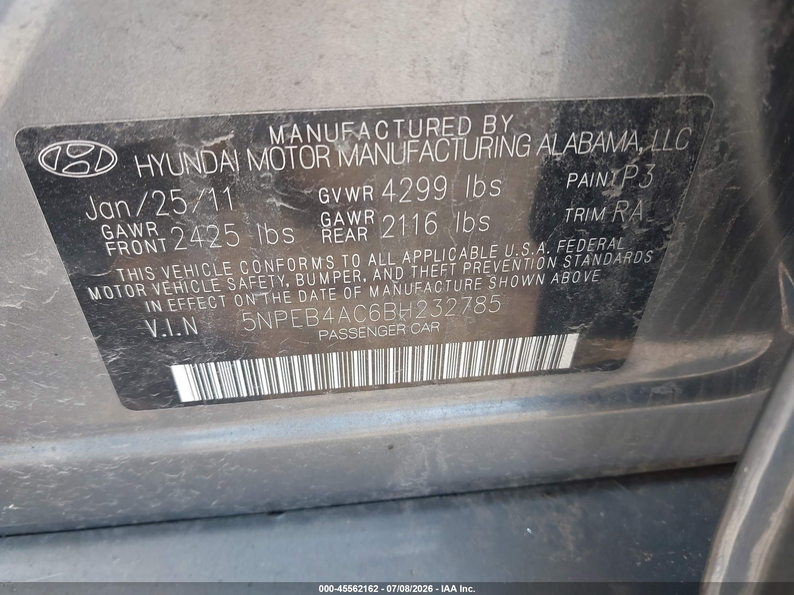 2011 Hyundai Sonata Gls Gray vin: 5NPEB4AC6BH232785