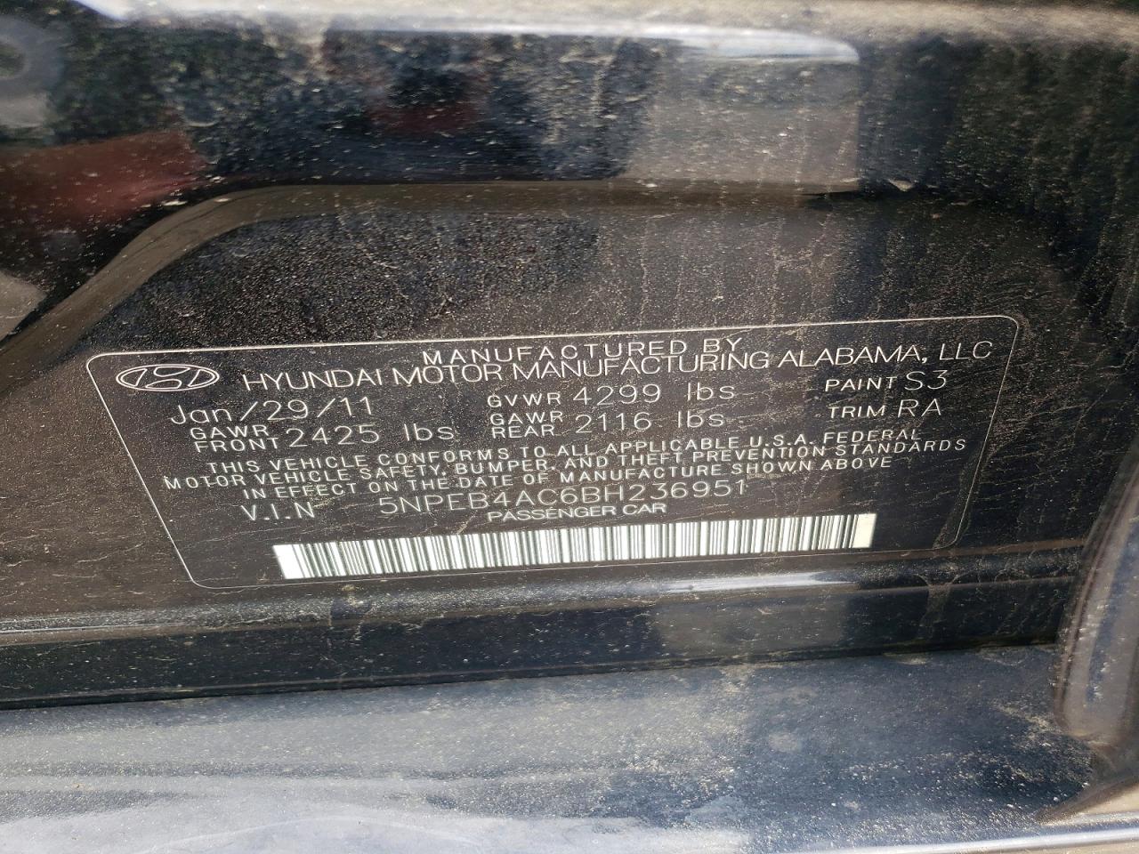 2011 Hyundai Sonata Gls Black vin: 5NPEB4AC6BH236951