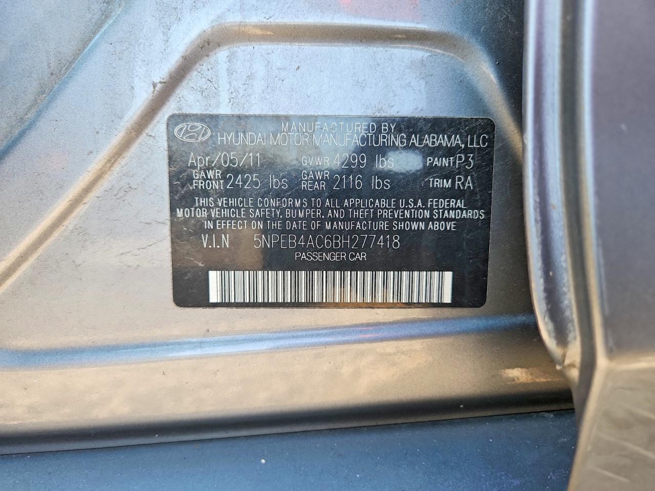 2011 Hyundai Sonata Gls Gray vin: 5NPEB4AC6BH277418