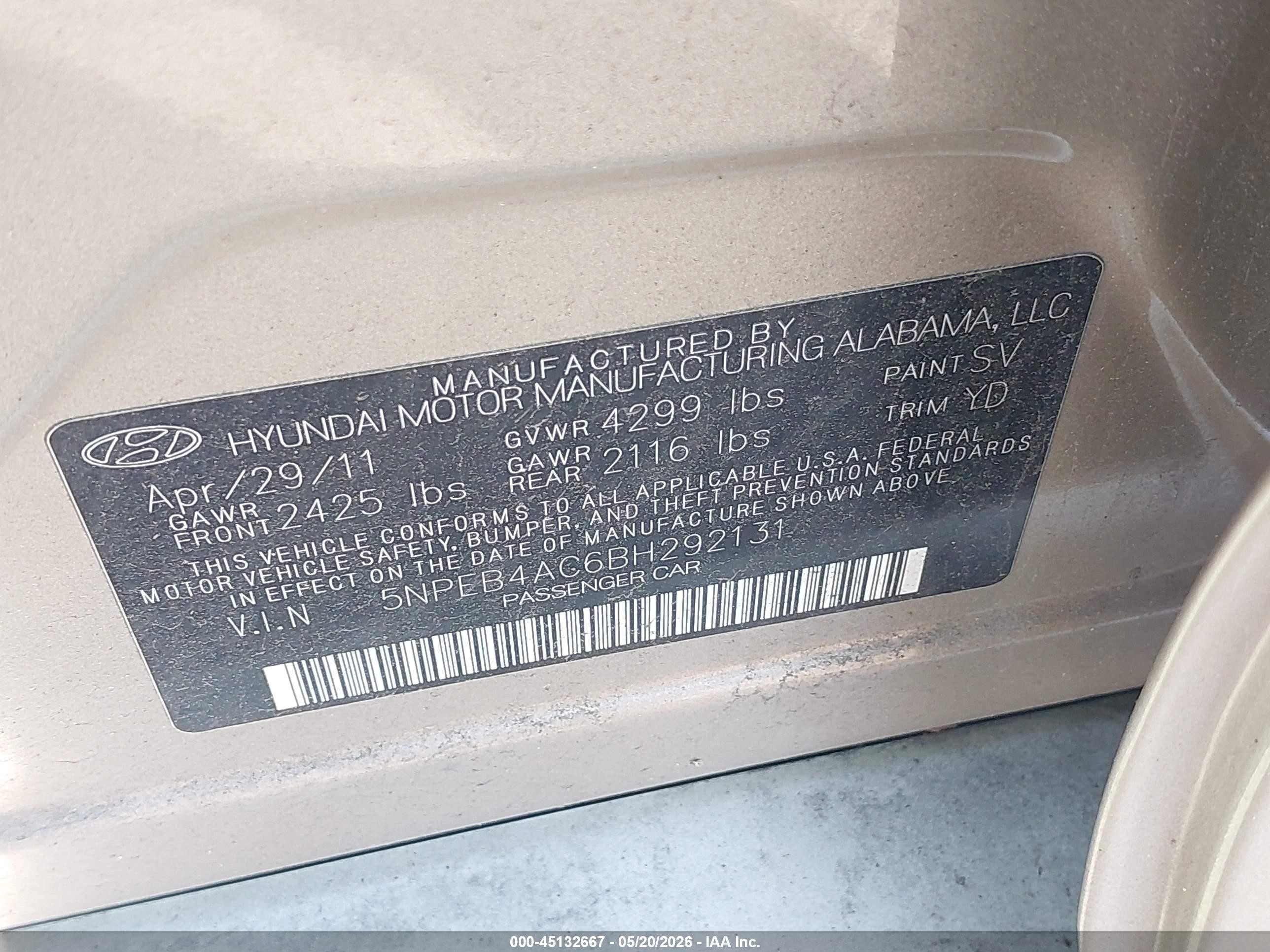 2011 Hyundai Sonata Gls Tan vin: 5NPEB4AC6BH292131