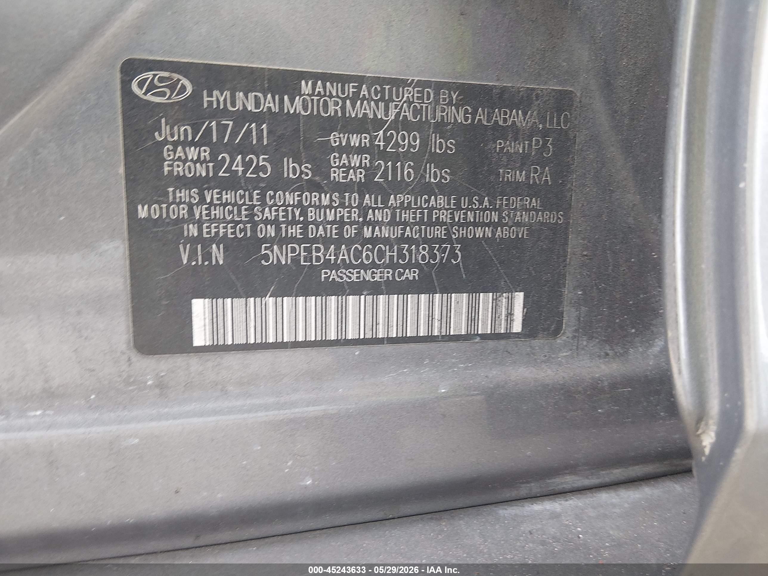 2012 Hyundai Sonata Gls Gray vin: 5NPEB4AC6CH318373