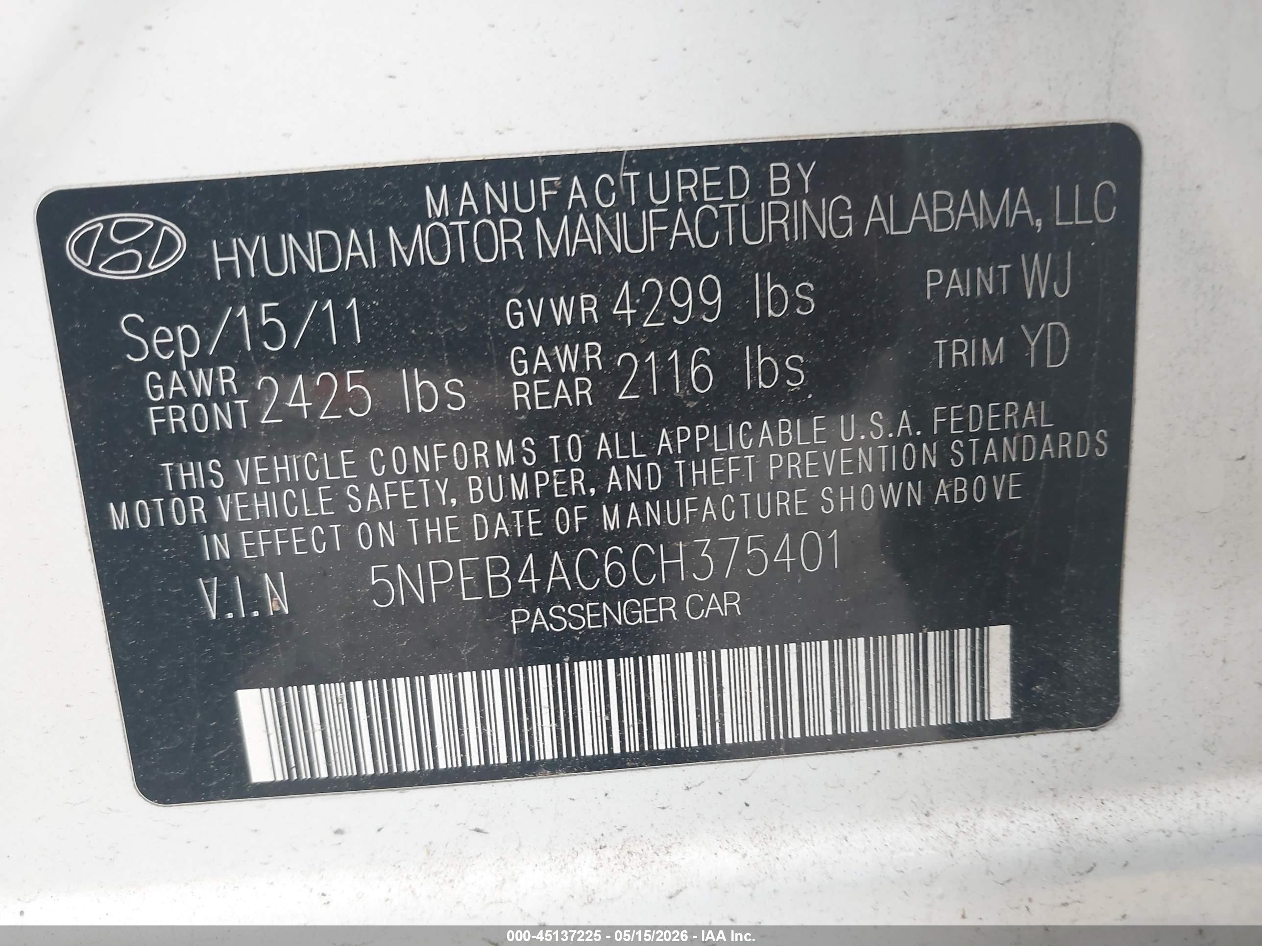 2012 Hyundai Sonata Gls White vin: 5NPEB4AC6CH375401