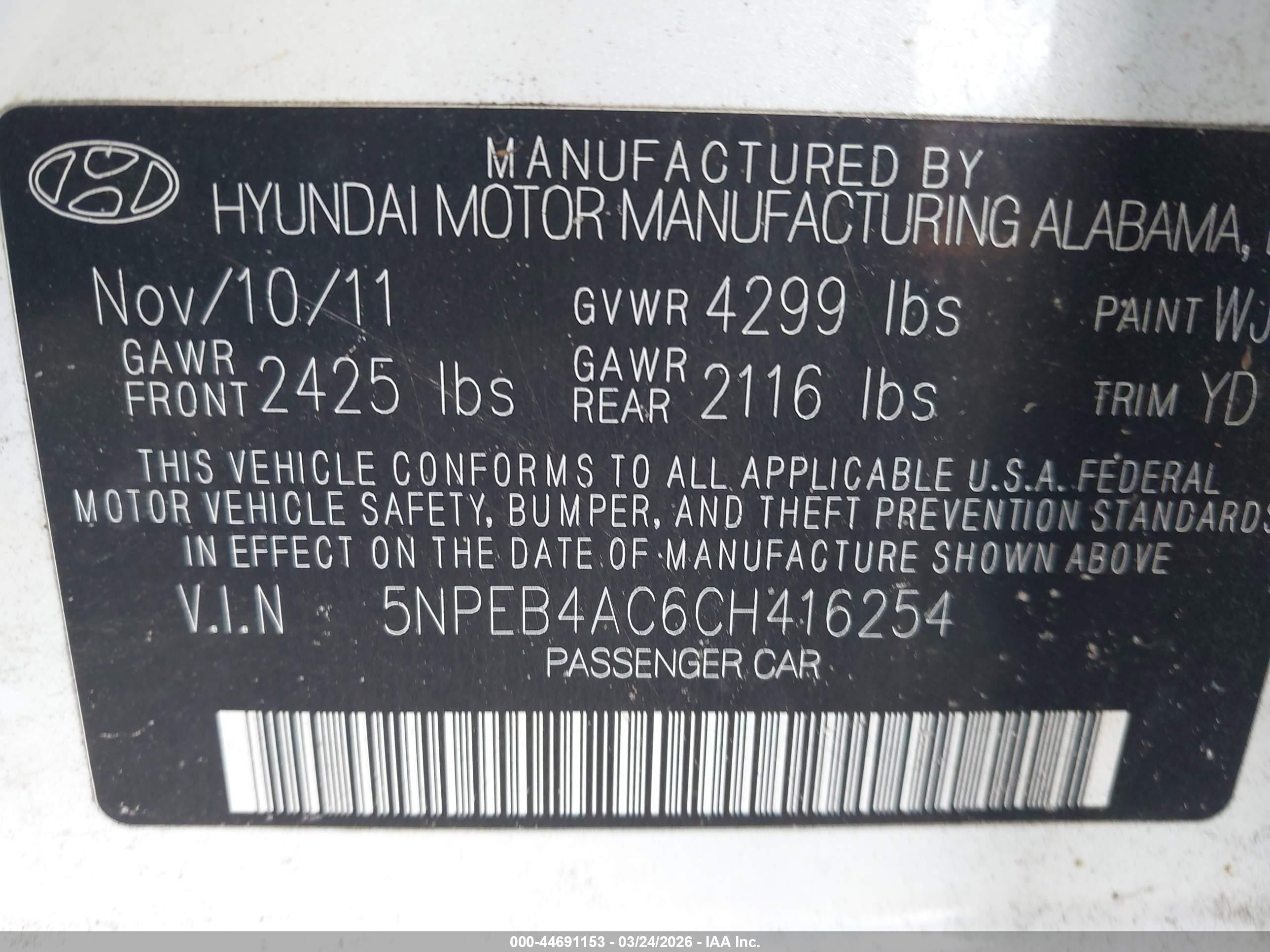 2012 Hyundai Sonata Gls White vin: 5NPEB4AC6CH416254