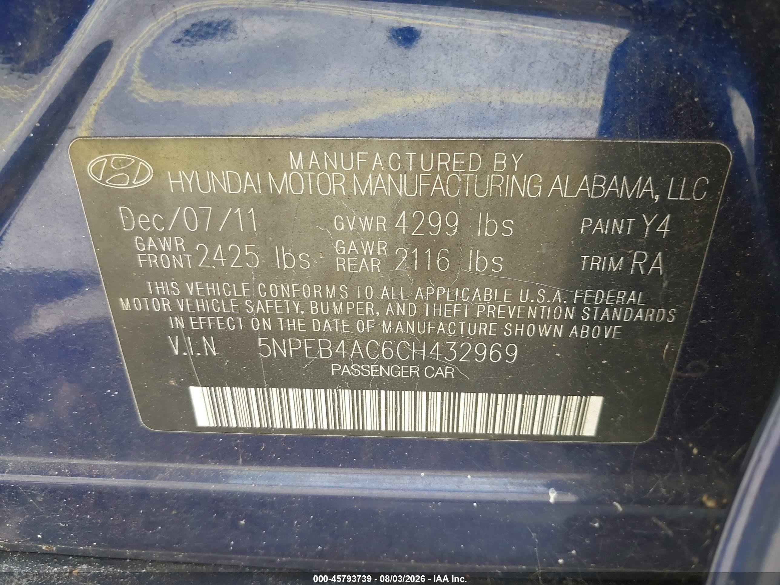 2012 Hyundai Sonata Gls Blue vin: 5NPEB4AC6CH432969
