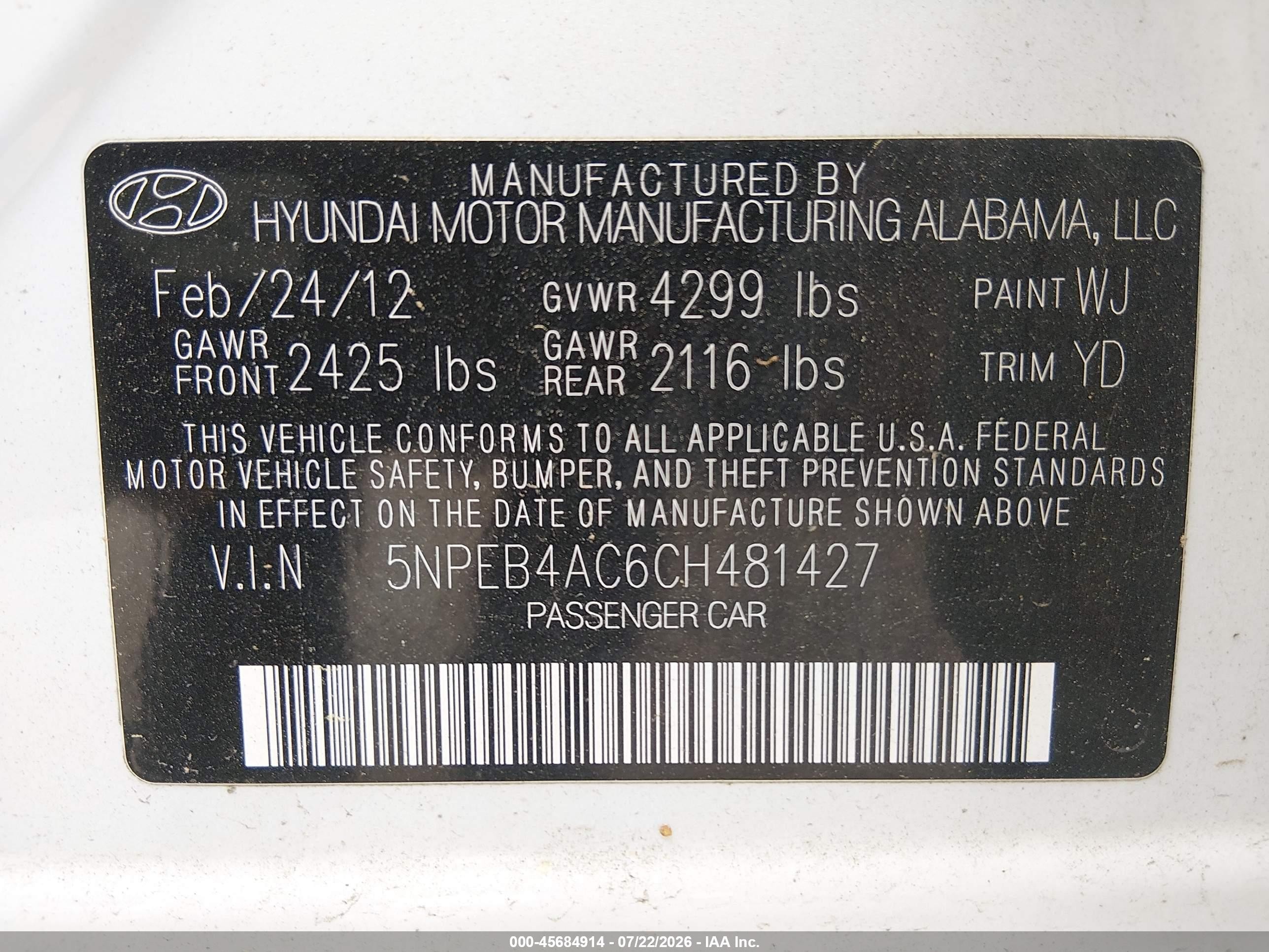 2012 Hyundai Sonata Gls White vin: 5NPEB4AC6CH481427