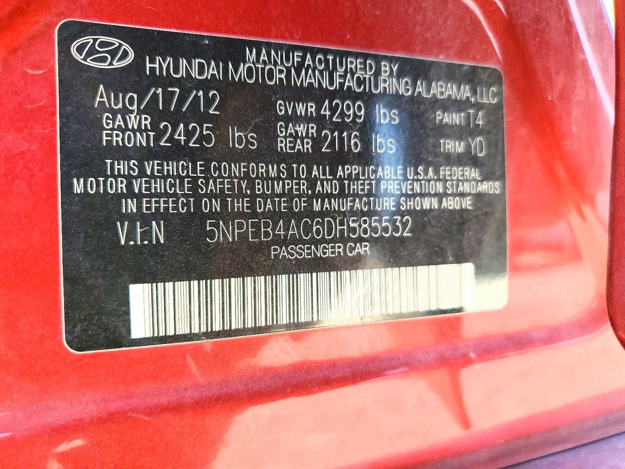 2013 Hyundai Sonata Gls Red vin: 5NPEB4AC6DH585532