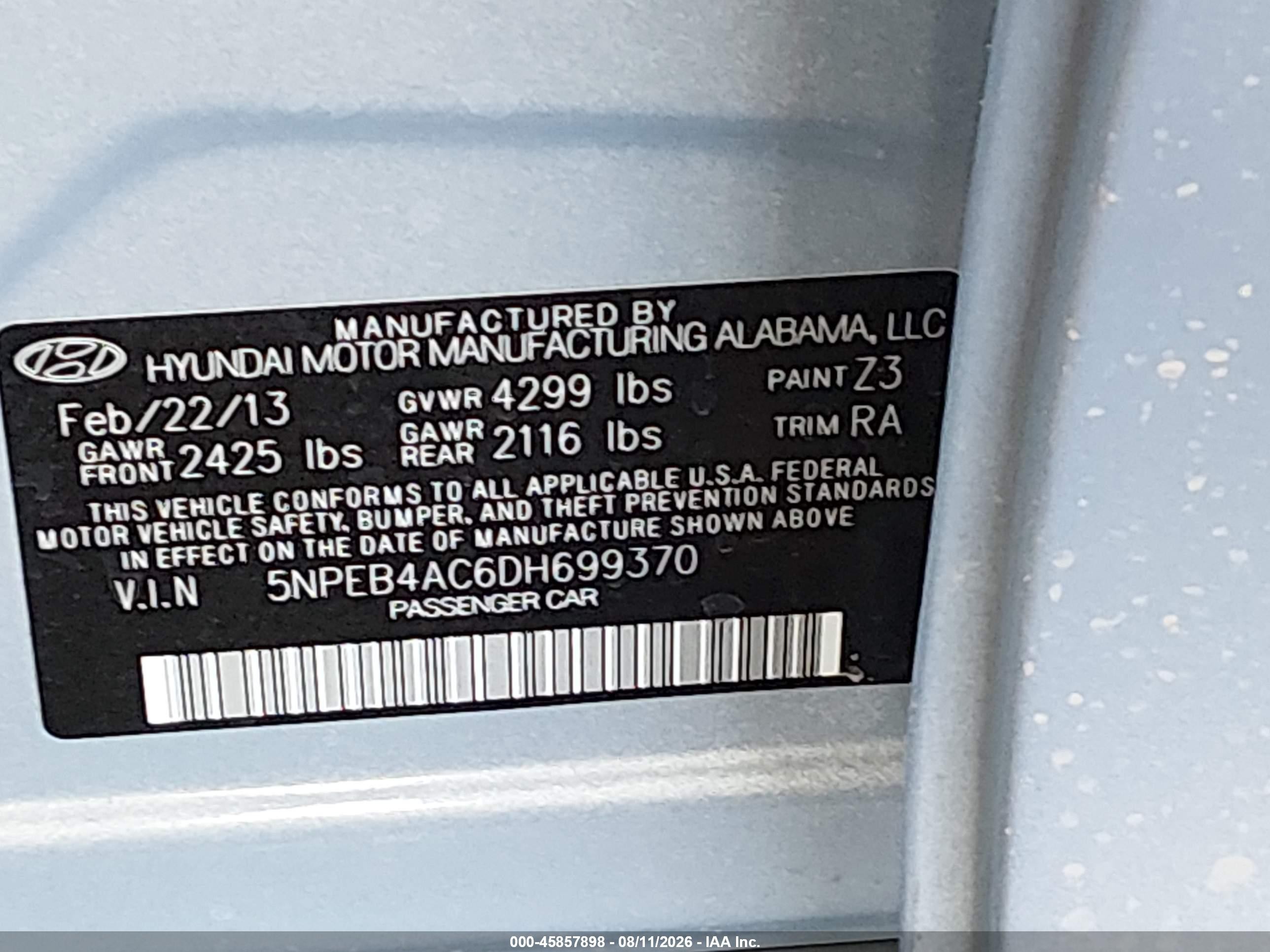 2013 Hyundai Sonata Gls Light Blue vin: 5NPEB4AC6DH699370