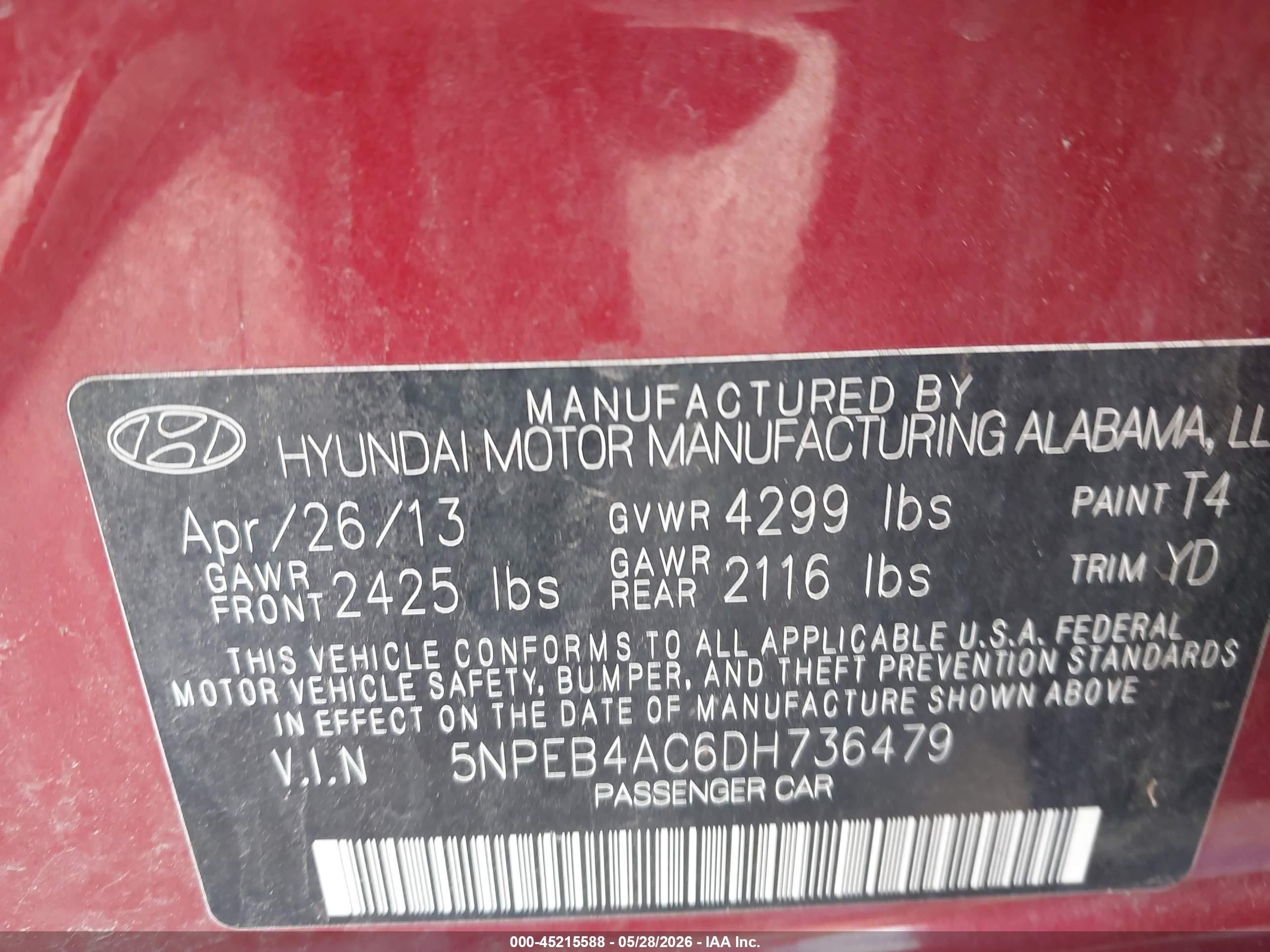 2013 Hyundai Sonata Gls Red vin: 5NPEB4AC6DH736479