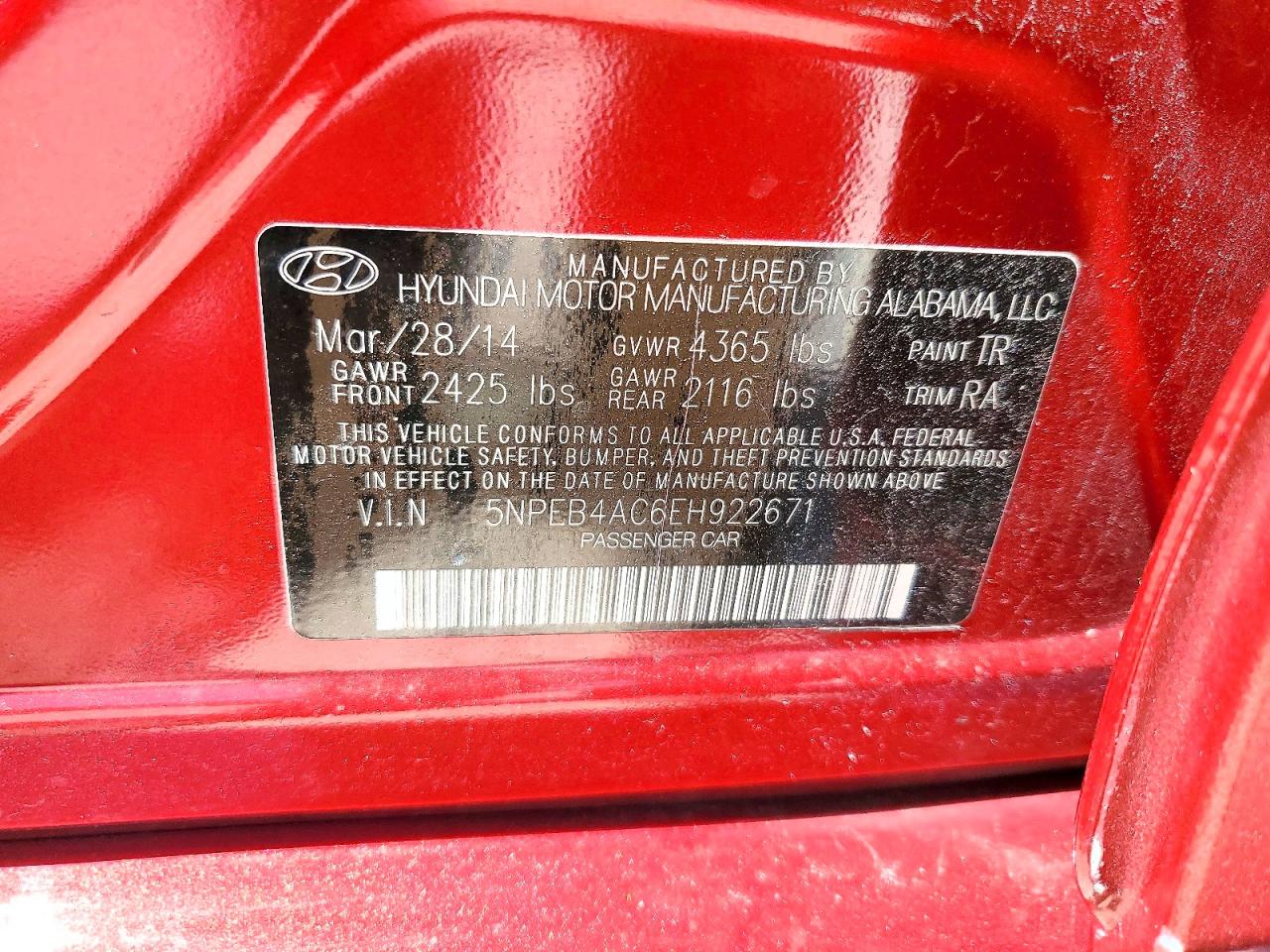 2014 Hyundai Sonata Gls Red vin: 5NPEB4AC6EH922671