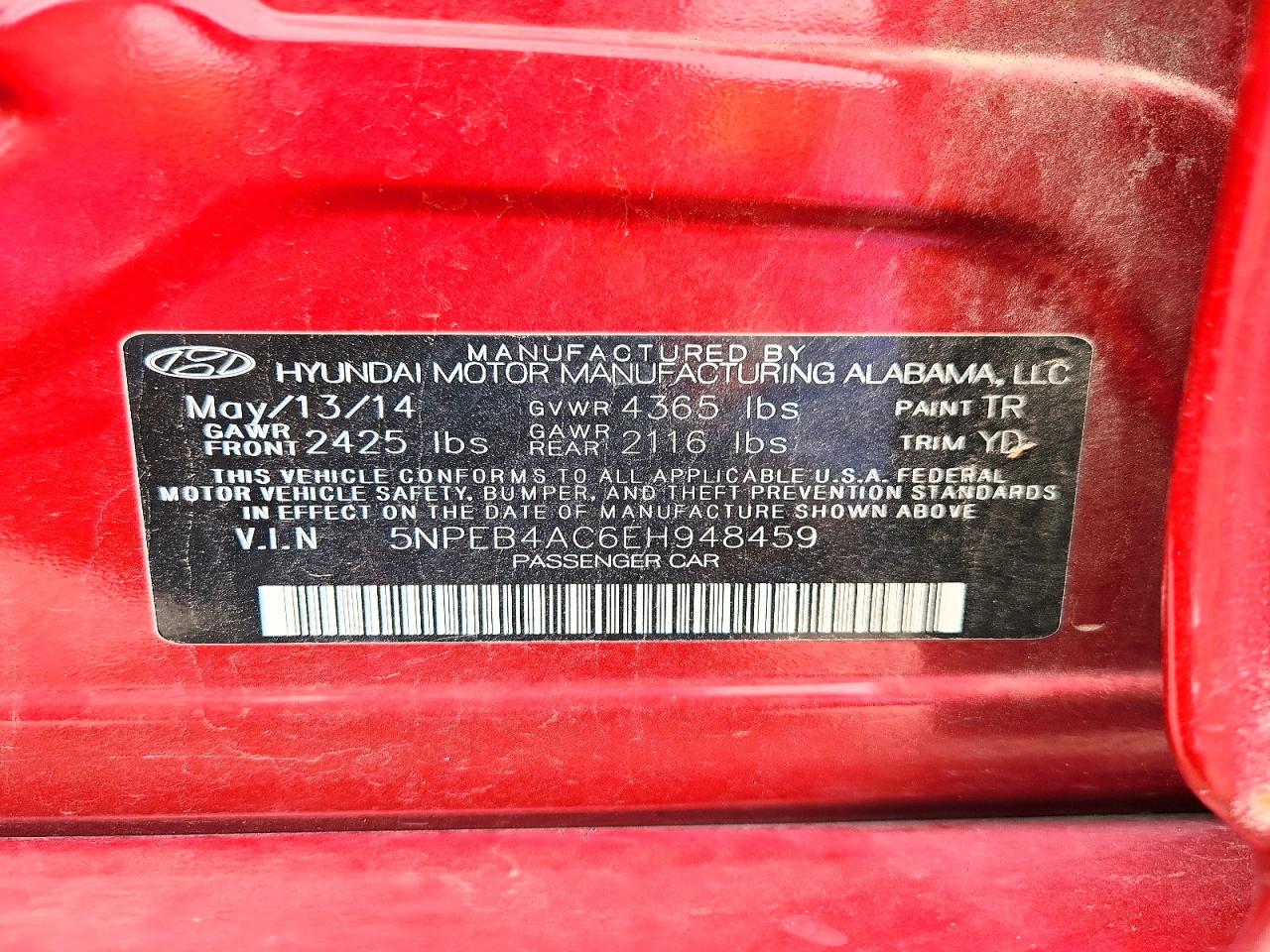 2014 Hyundai Sonata Gls Red vin: 5NPEB4AC6EH948459
