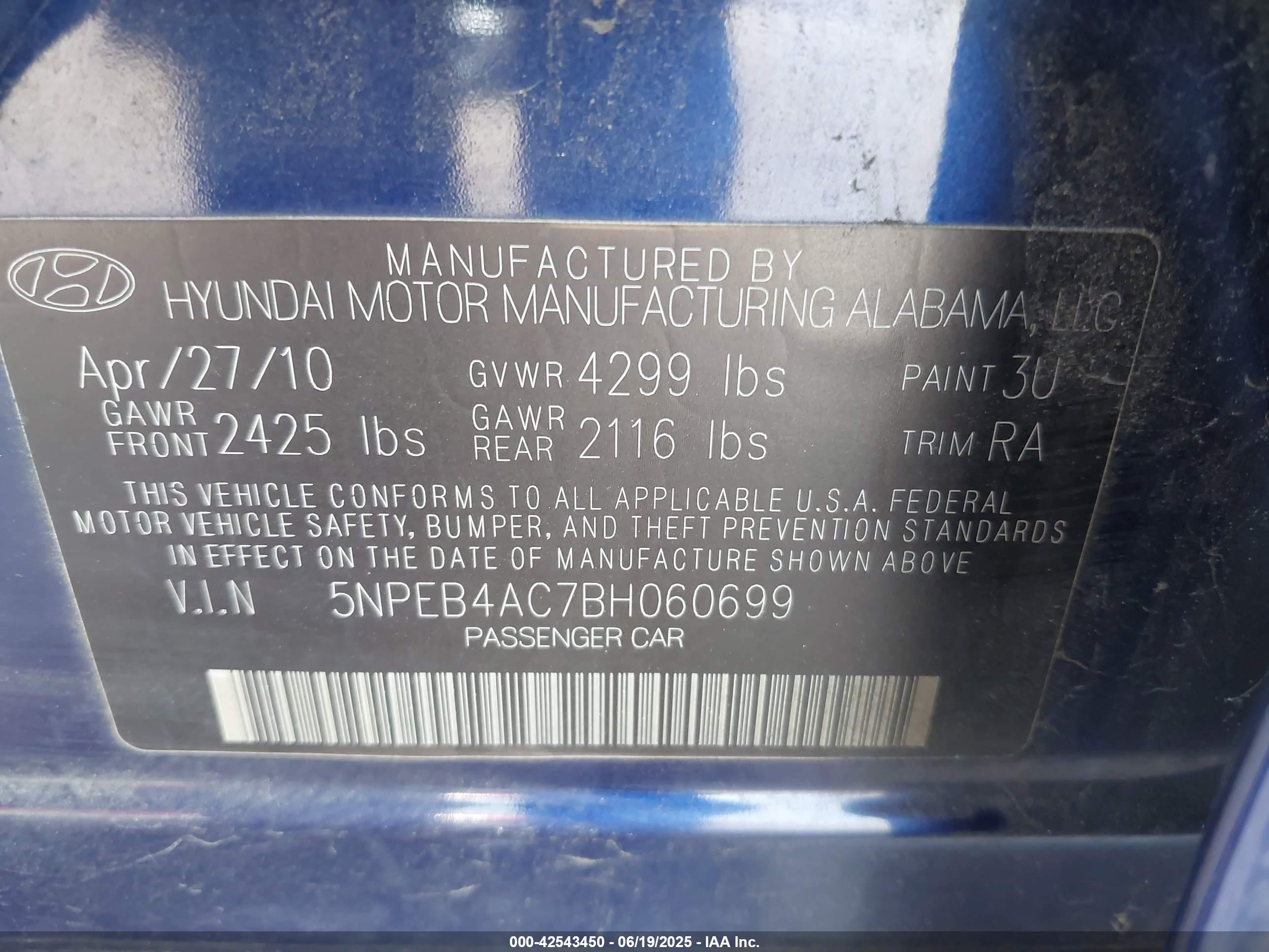 2011 Hyundai Sonata Gls Blue vin: 5NPEB4AC7BH060699