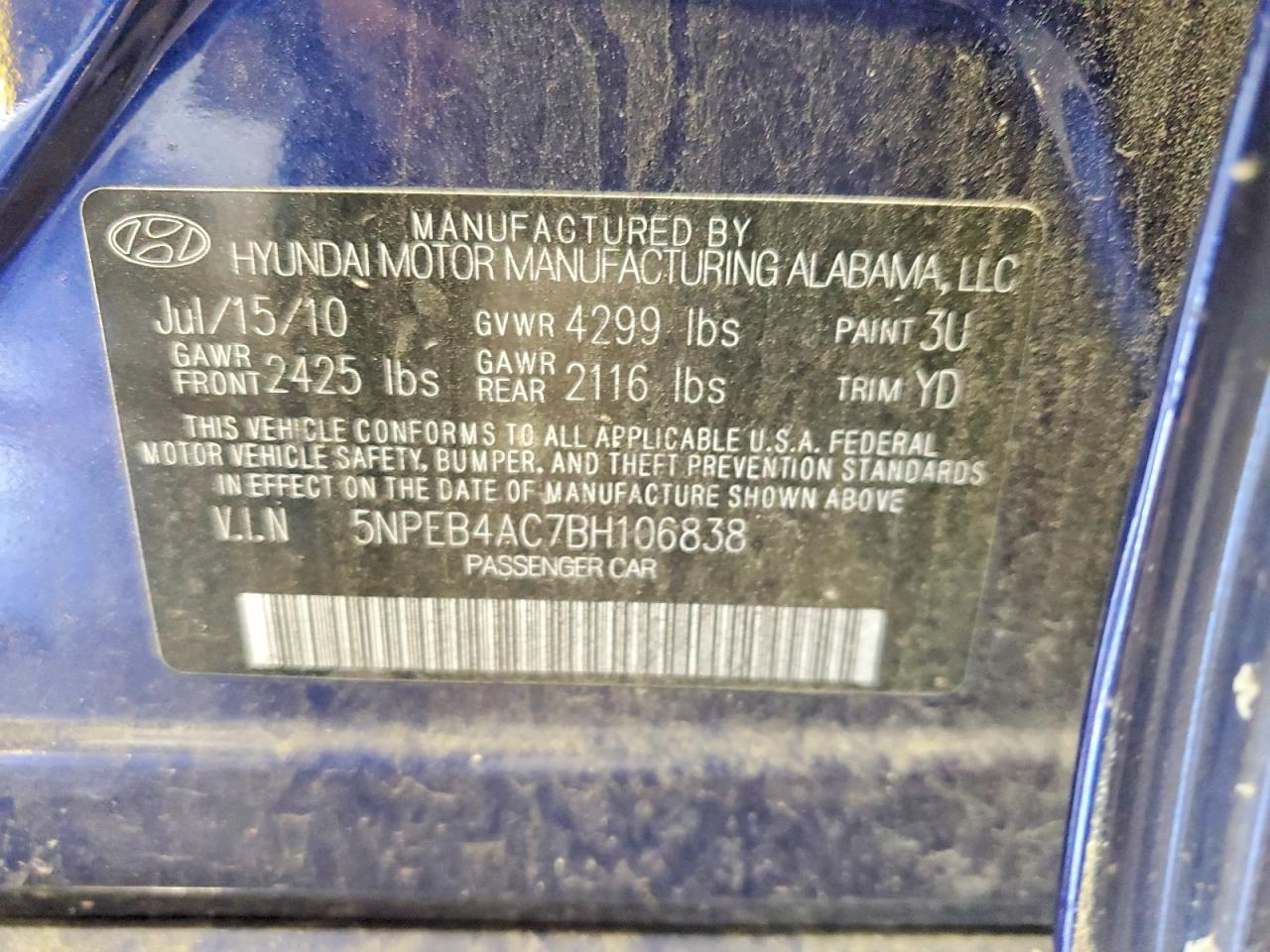 2011 Hyundai Sonata Gls Blue vin: 5NPEB4AC7BH106838