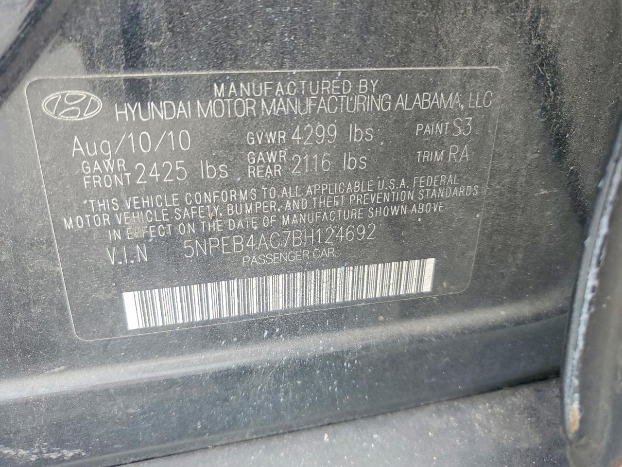 2011 Hyundai Sonata Black vin: 5NPEB4AC7BH124692