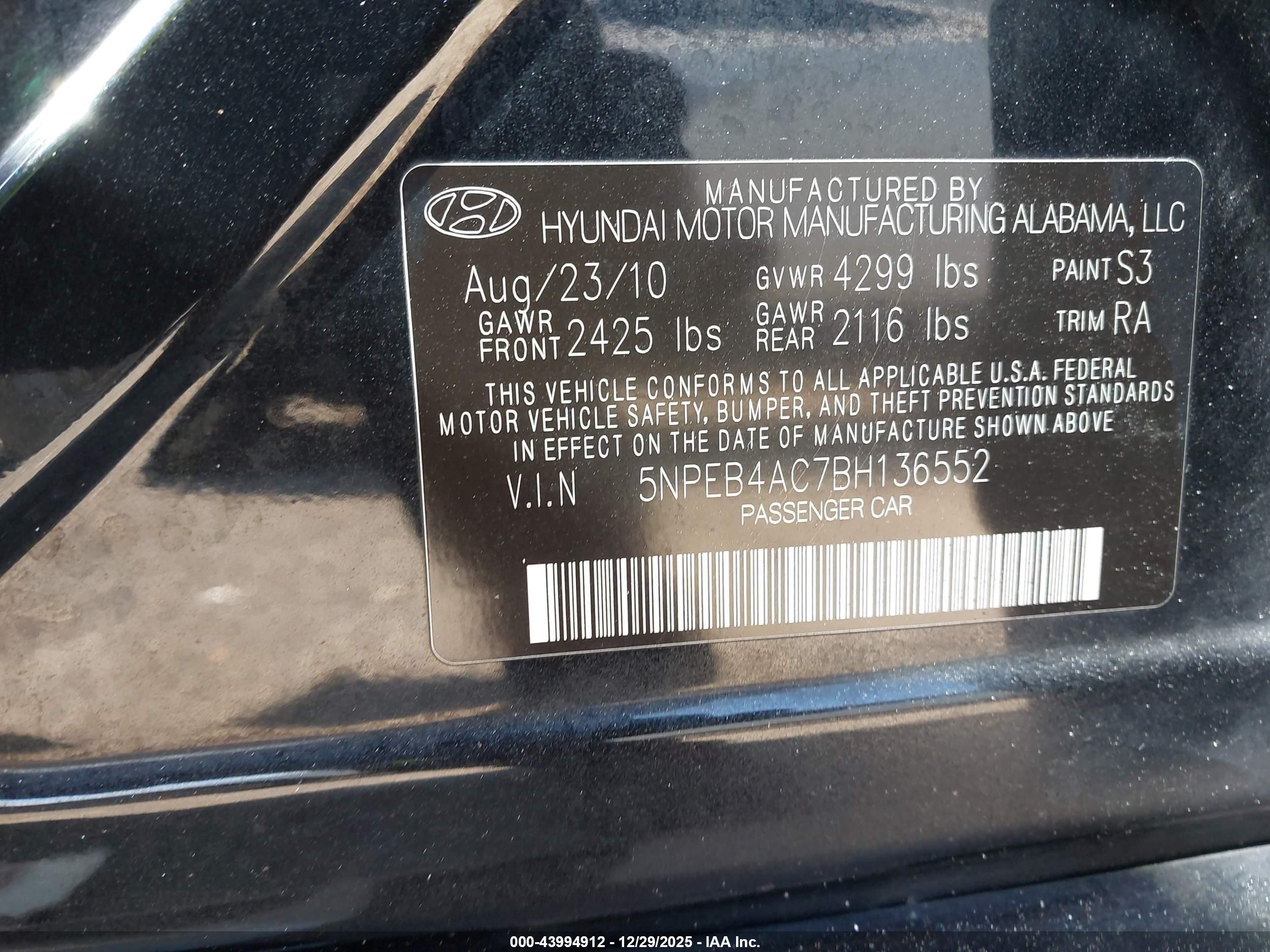 2011 Hyundai Sonata Gls Black vin: 5NPEB4AC7BH136552