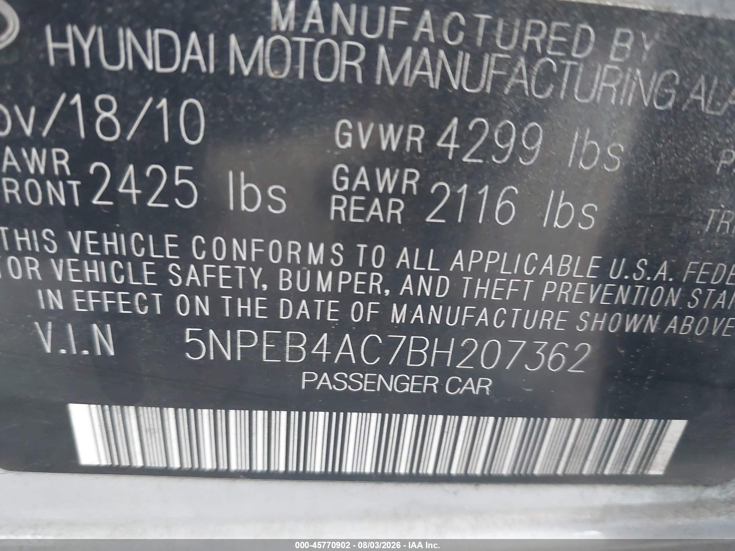 2011 Hyundai Sonata Gls Серый vin: 5NPEB4AC7BH207362