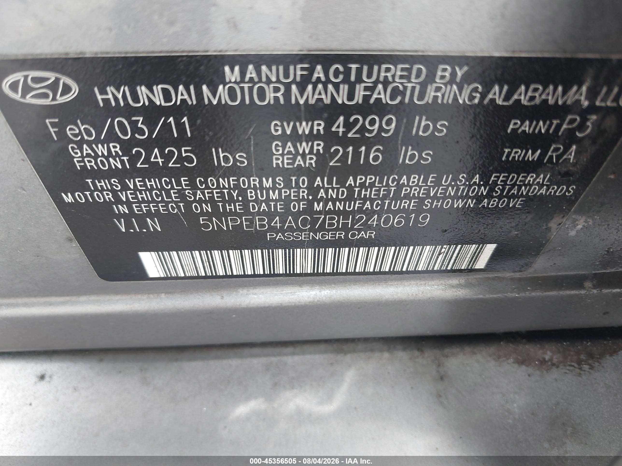 2011 Hyundai Sonata Gls Gray vin: 5NPEB4AC7BH240619