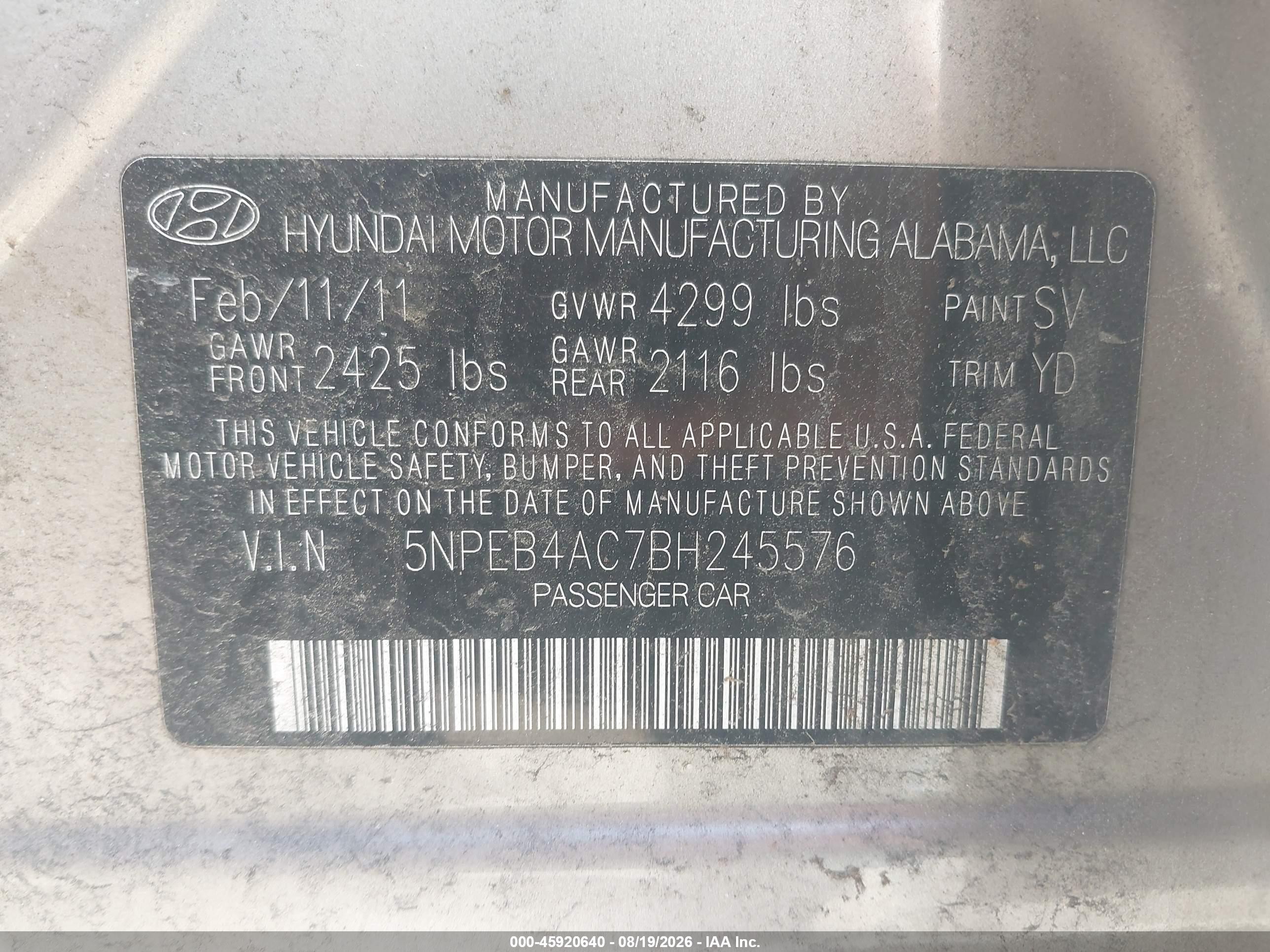 2011 Hyundai Sonata Gls Gold vin: 5NPEB4AC7BH245576