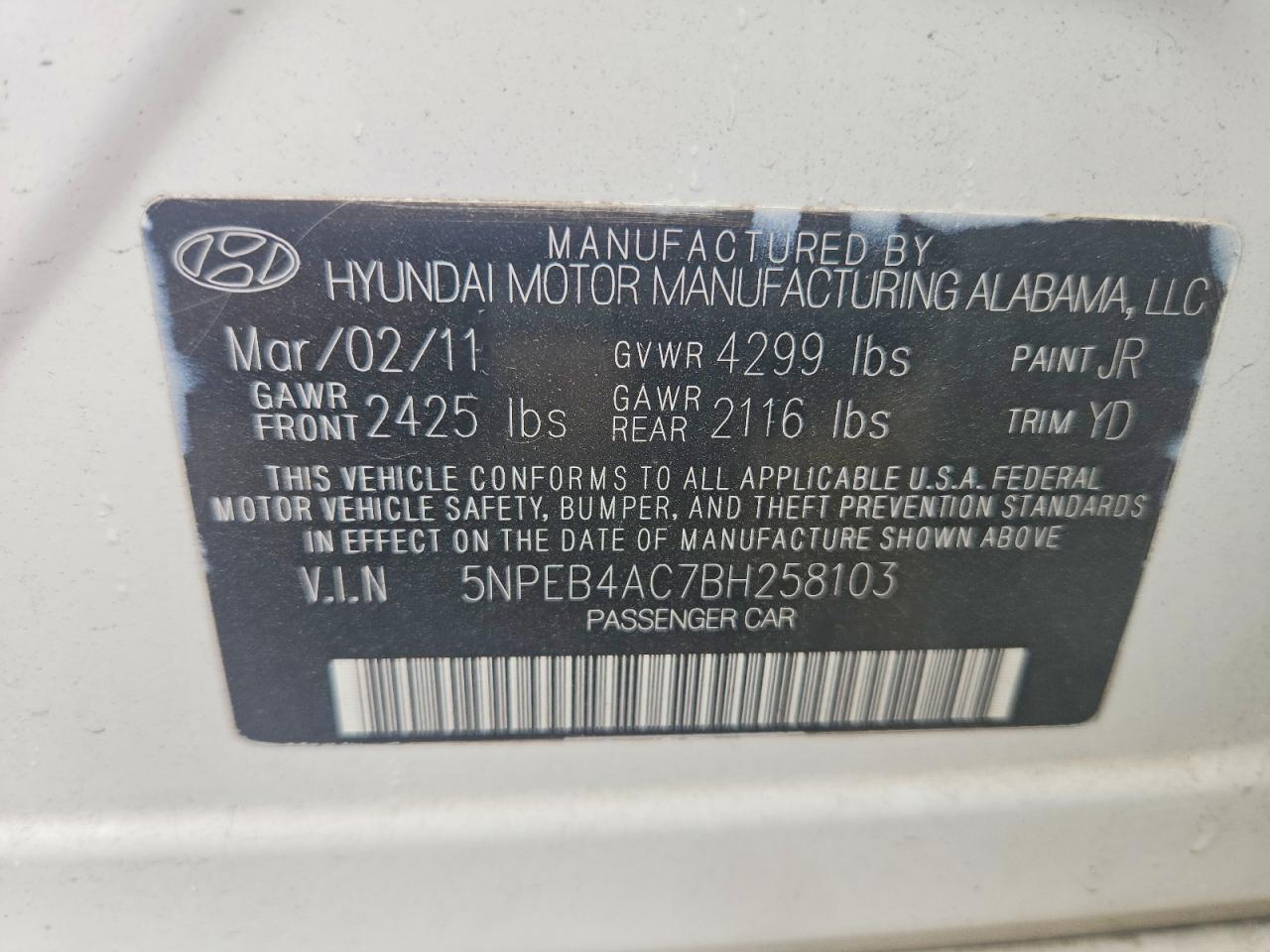 2011 Hyundai Sonata Gls White vin: 5NPEB4AC7BH258103