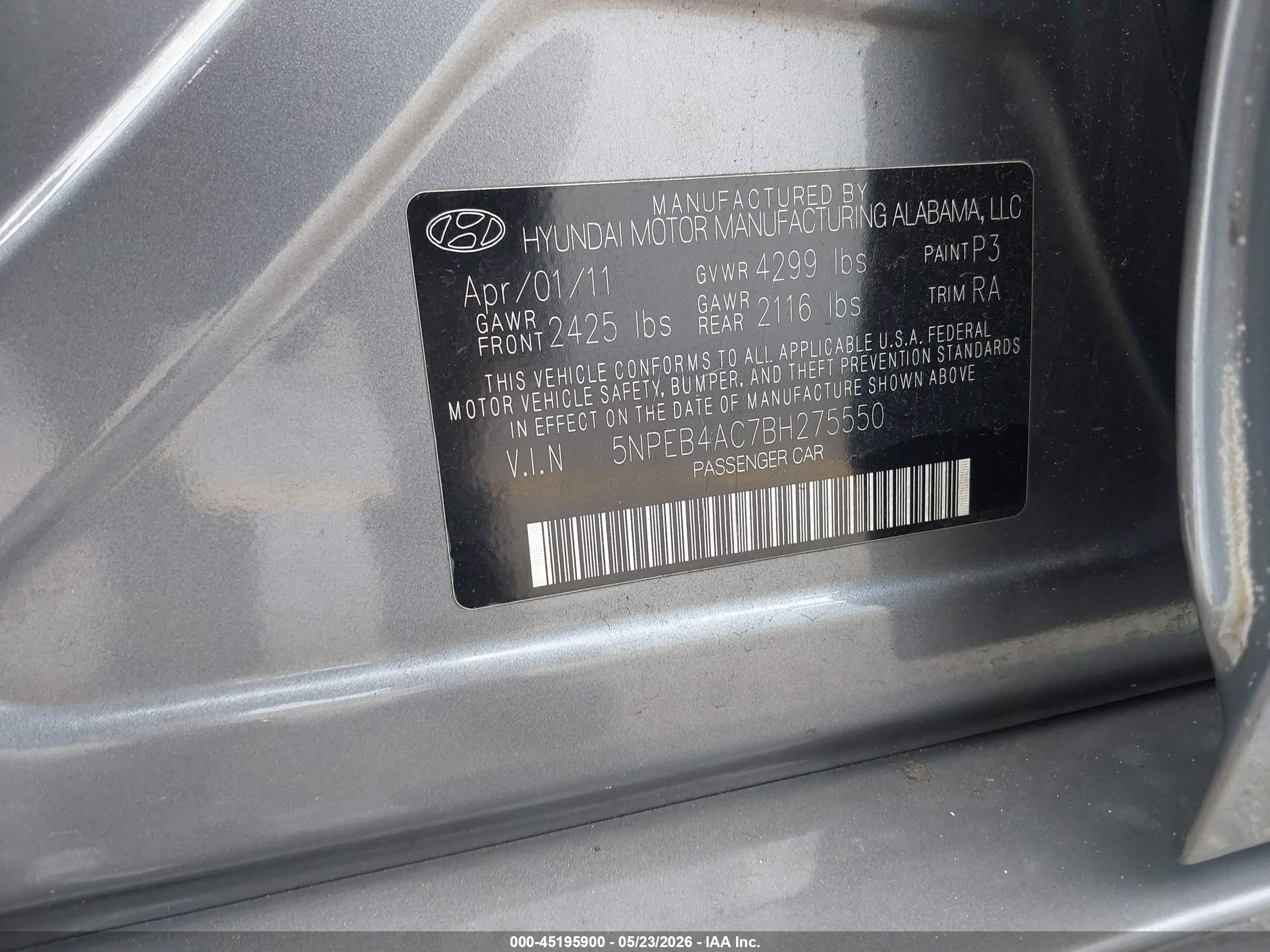 2011 Hyundai Sonata Gls Gray vin: 5NPEB4AC7BH275550