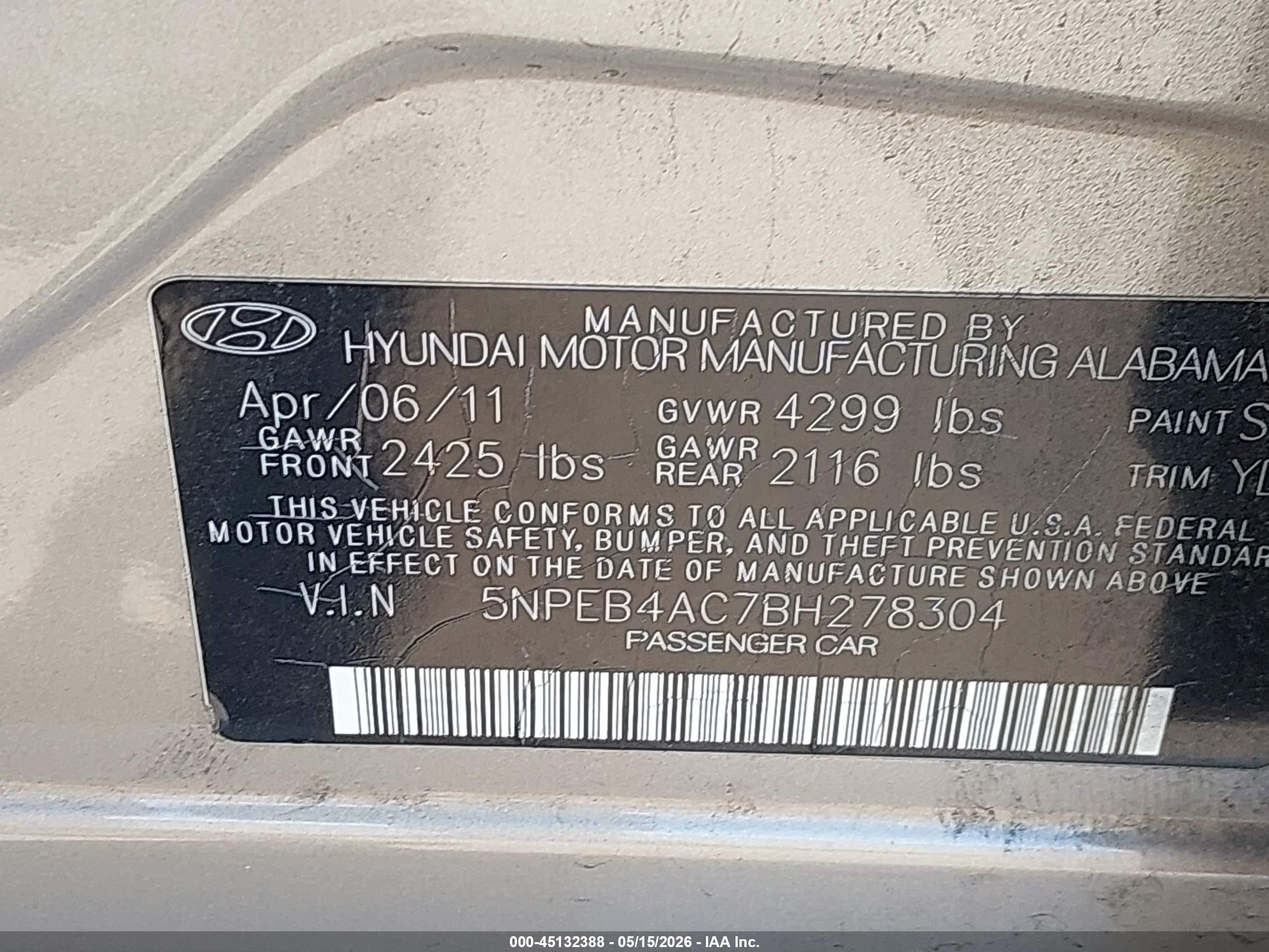 2011 Hyundai Sonata Gls Gold vin: 5NPEB4AC7BH278304