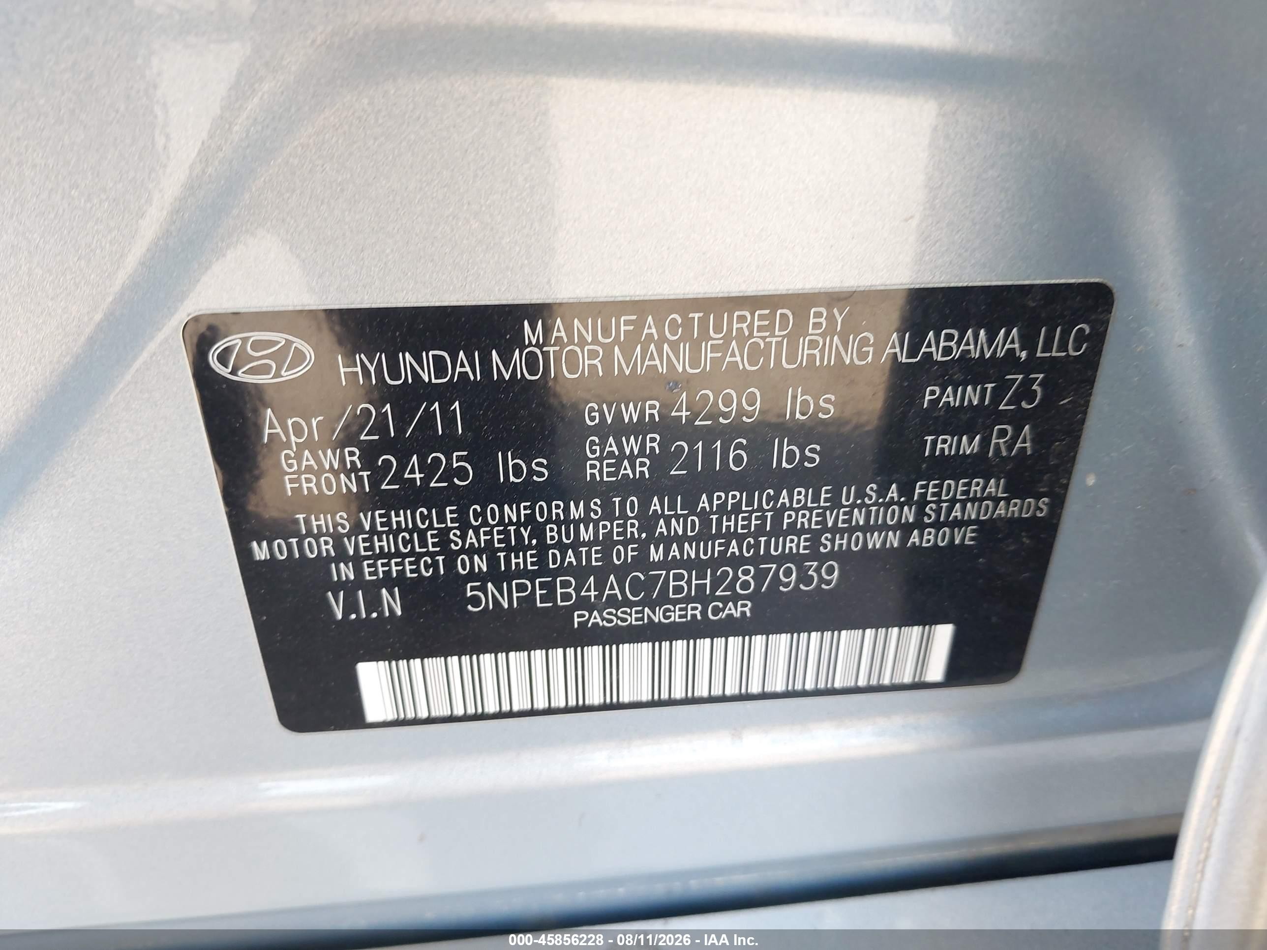2011 Hyundai Sonata Gls Blue vin: 5NPEB4AC7BH287939