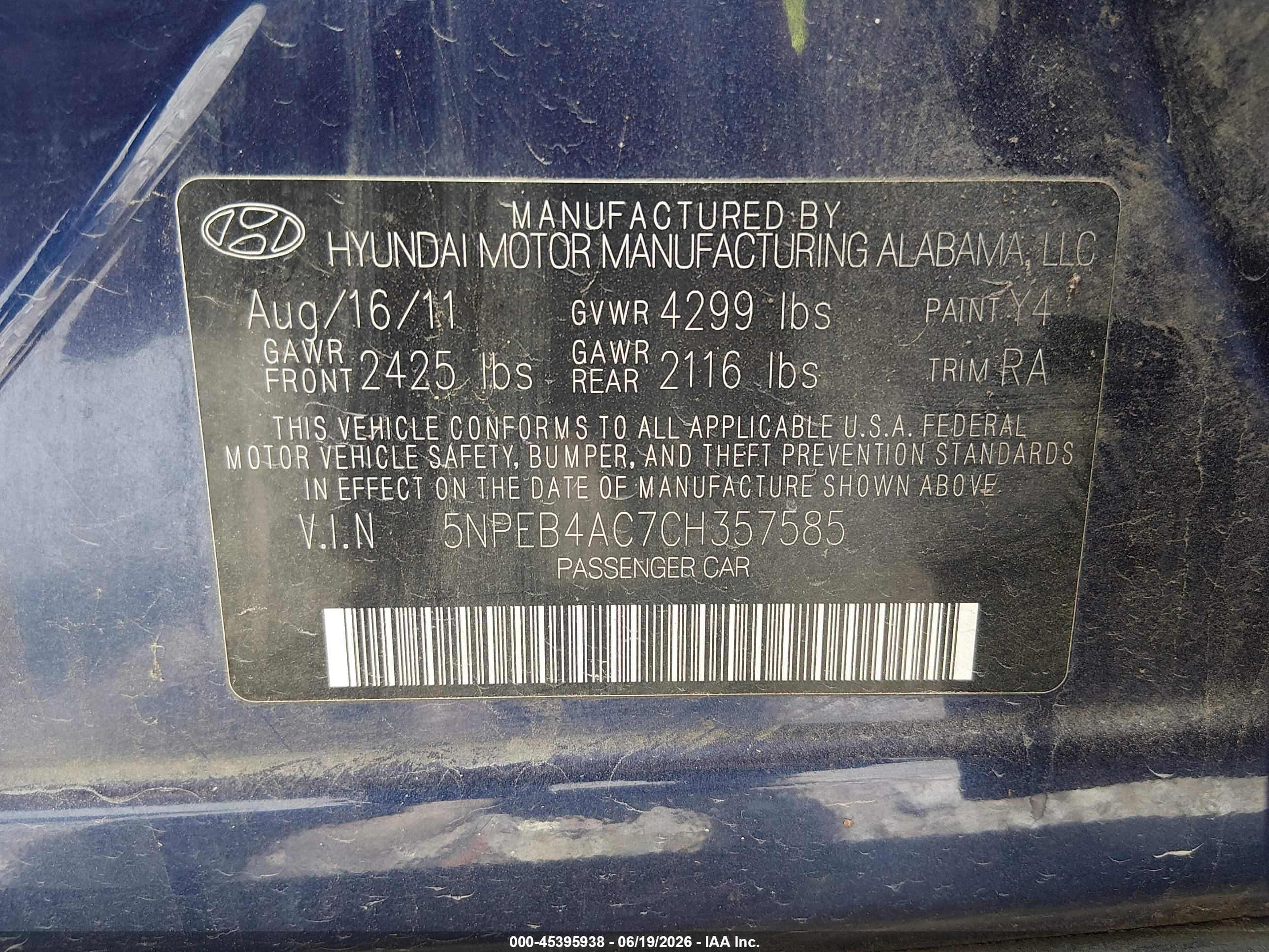 2012 Hyundai Sonata Gls Blue vin: 5NPEB4AC7CH357585