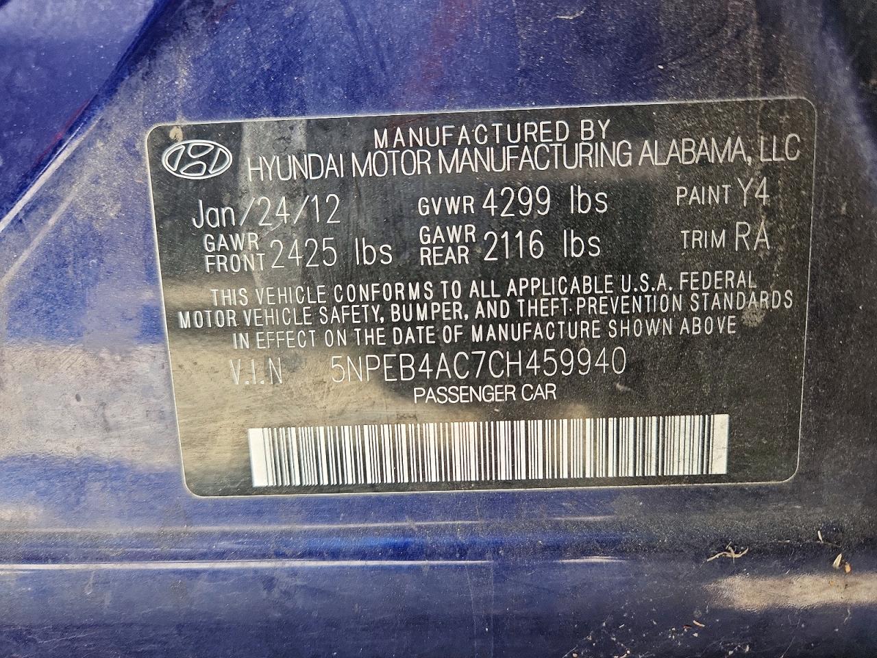 2012 Hyundai Sonata Gls Blue vin: 5NPEB4AC7CH459940