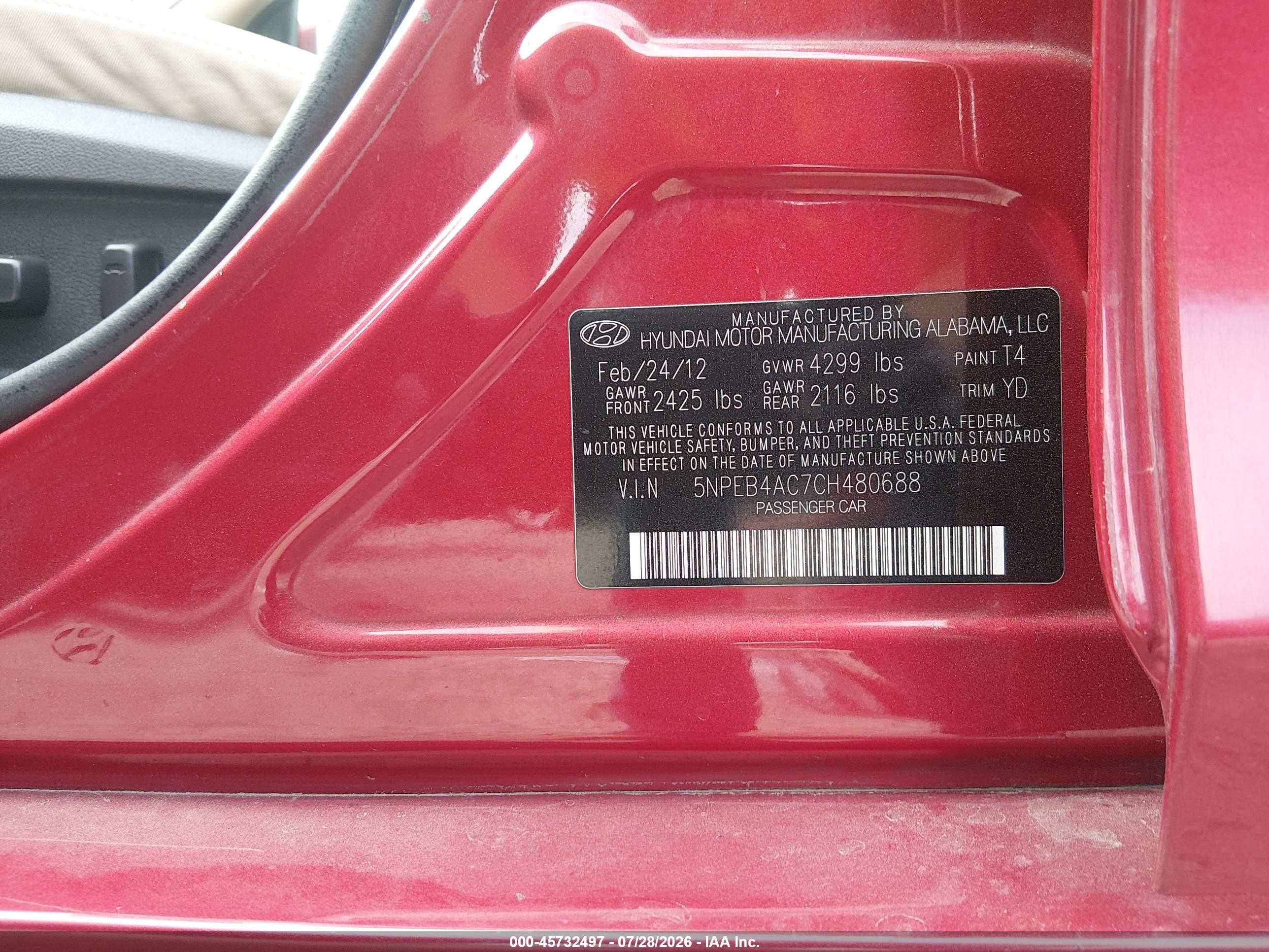 2012 Hyundai Sonata Gls Red vin: 5NPEB4AC7CH480688